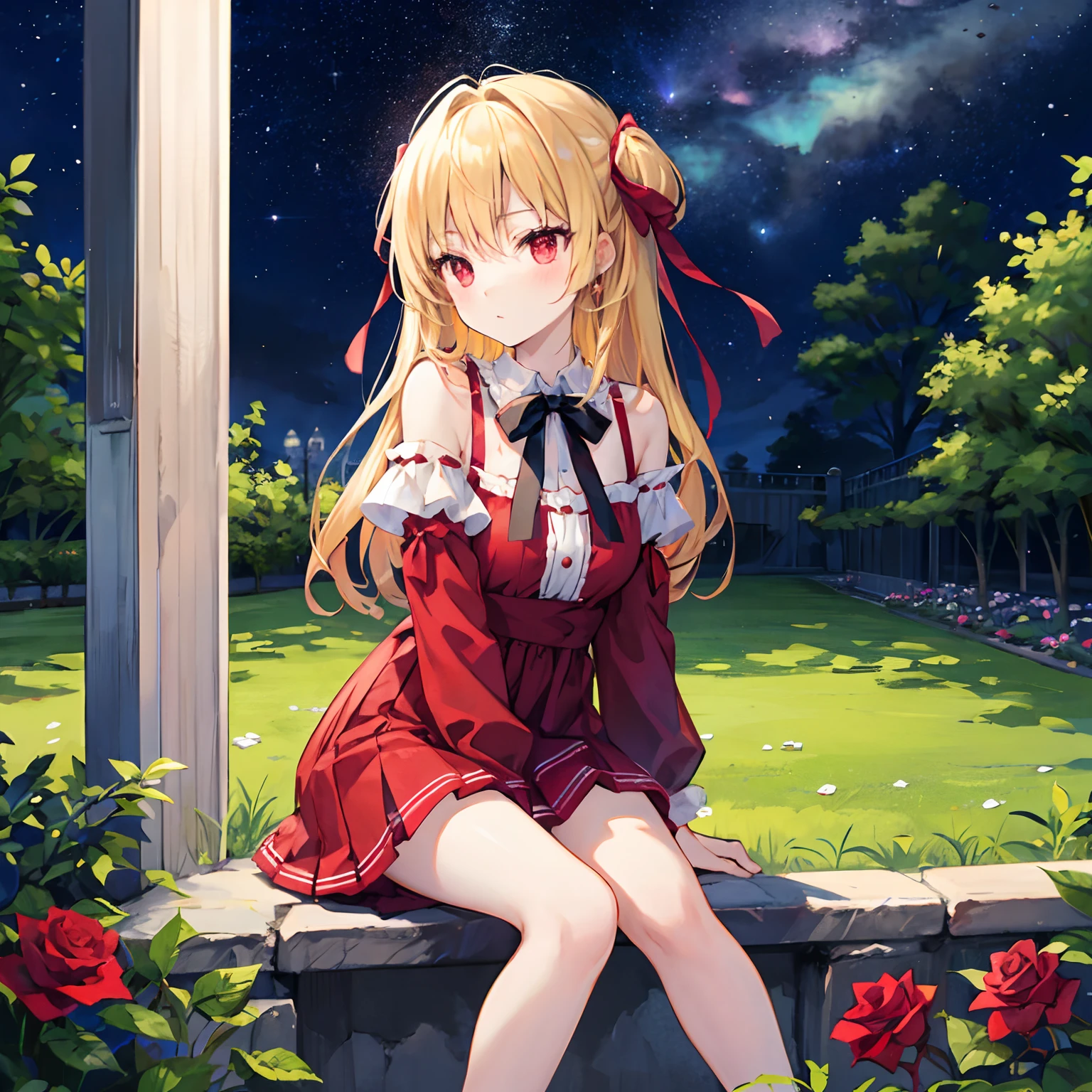 a blond、bow ribbon、red eyes、Beautiful girl alone、Dark red dress、off shoulders、a miniskirt、sitting on、rose garden、starrysky