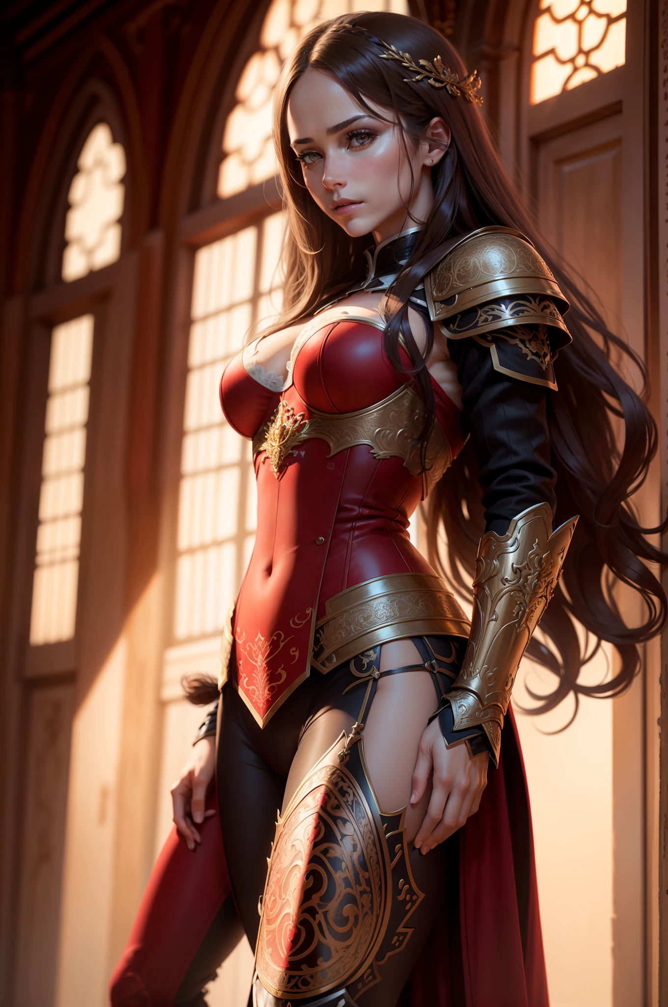 Realistic photos of beautiful mature women, (Jennifer Love Hewitt:0.5), (Skin Texture:1.1), (Detailed eyes), (long brown hair), (Long wavy hair), (Detailed face), (Skin pores), (Legs), (broad shoulders), (strong thick body), pale skin, ((High Detail Filigree Armor)), On the ramparts, Facing the camera, (masutepiece), (Photorealistic:1.4), Raw photo, Best Quality, hight resolution, Rich colors, Backlight, Bright sunlight, Cinematic lighting, Film grain, Raw photo, 50mm Lens, Nikon D850, Warm colors　Luxurious red and black armor　Luxurious red pants　Obi Ken