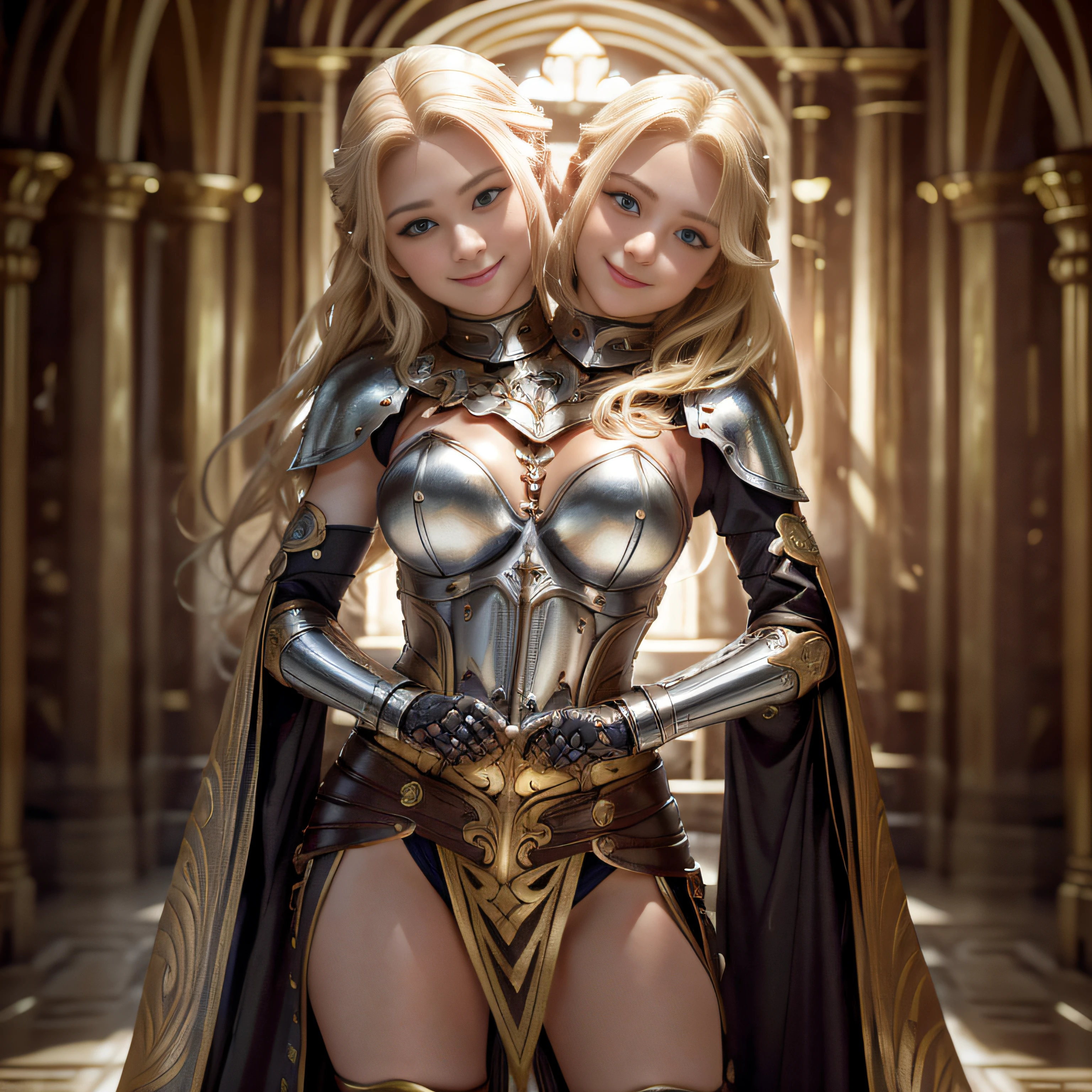 best quality, (2heads:1.5), masterpiece photograph of a brave female knight, paladin, holy knight, braided blonde hair, shining metal armor, bold smile, dynamic pose, heroic pose, detailed armor, beautiful eyes, intricate clothes, mysterious bravery