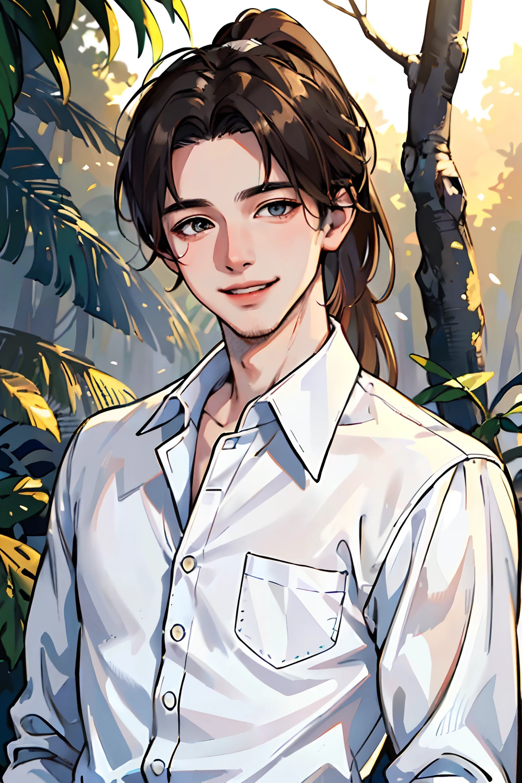 (masterpiece, best quality, high resolution:1.4), 1boy, playful, gentle, lively, skin pores texture, HD , Photography, movie, cinematic, portrait, Realistic, (8k, RAW photo, best quality, masterpiece:1.2), (realistic, photo-realistic:1.33), best quality, (detailed amber color eyes), ((white shirt)), (dark hair),(long hair),(ponytail), (), ((white shirt)), (handsome), (young), portrait, smile, (background: sunny forest ), bust up, detailed and realistic portrait of a boy, (fragile), (golden hour light),(slender), (playful) , (playful smile), (Brazilian), (agile), colorful, happy,