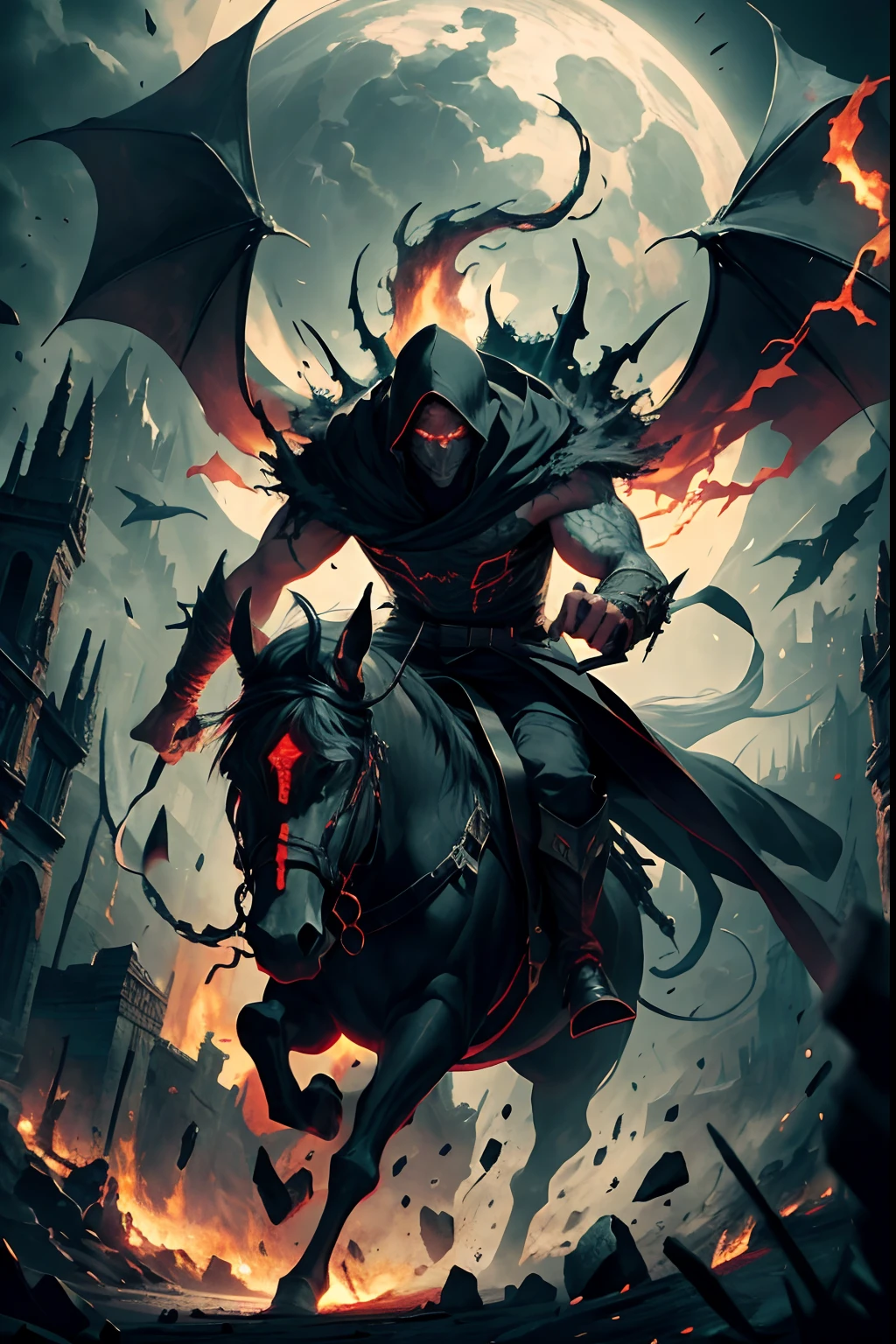 Create a detailed illustration of the devil making a pact with a man. The scene must be set in a dark and spooky place. The demon must clearly be a menacing creature with dark, scaly skin, wings folded behind his back and glowing red eyes. His claws must be sharp and he must be holding an ancient, tattered scroll with mysterious runes.. The human must be kneeling before the devil, looking both fearful and determined. It must clearly be a human, dressed in medieval attire, with a hooded cloak that partially hides his face. Your hand must be extended to shake the demon's claw, symbolizing the pact that is being made. Around them, There must be a circle of glowing runes carved into the ground., emitting a dim and ominous light. The atmosphere should be tense and mystical, with mist swirling around your feet. Add small details like wisps of smoke, floating embers. Make sure the characters are clearly a demon and a human, not other different creatures.