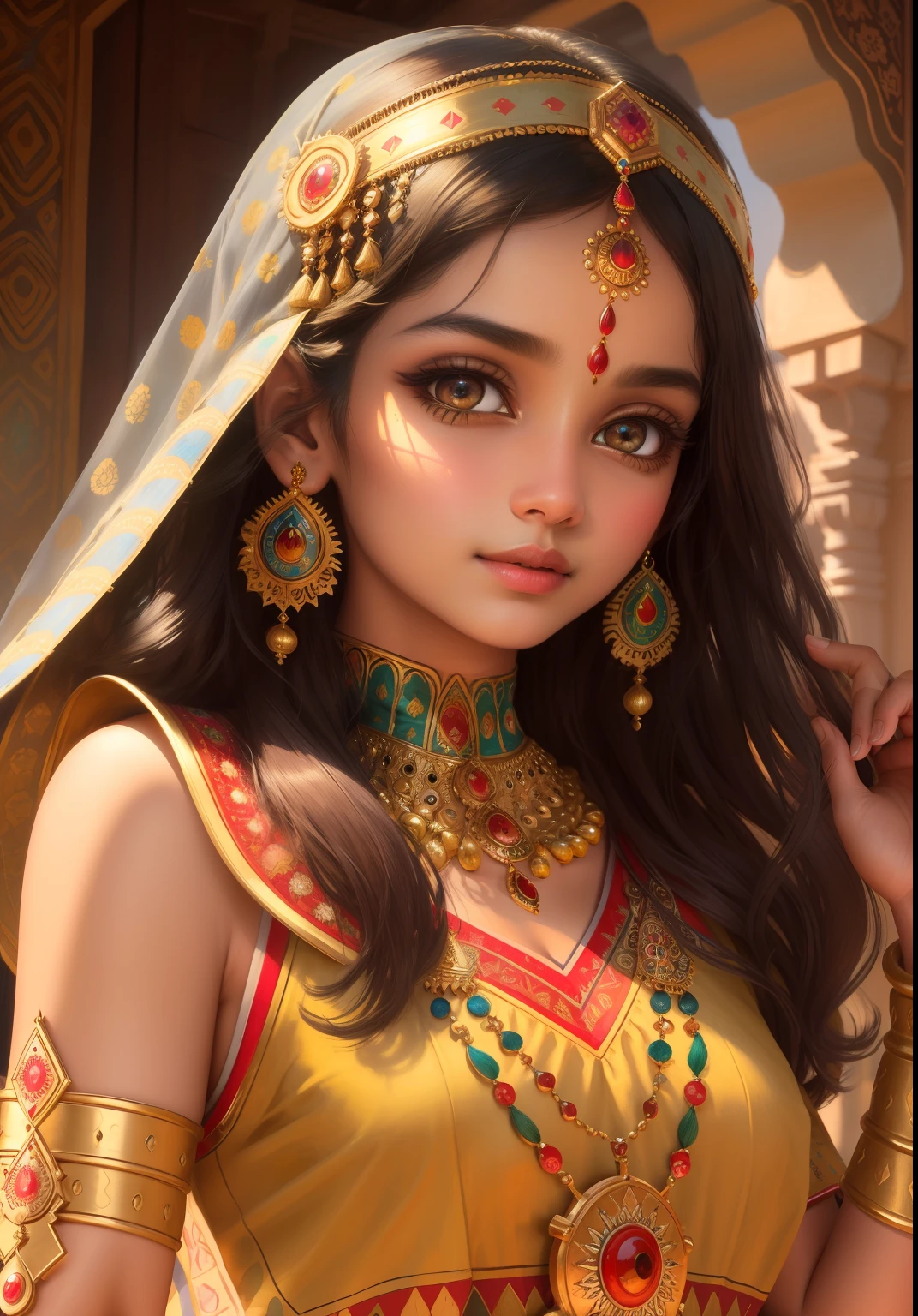 (masterpiece,best quality,ultra-detailed,best illustration:1.2),Rajasthani painting Pixar style,beautiful detailed eyes,beautiful detailed lips,extremely detailed eyes and face,longeyelashes,1girl,shy expression,traditional Rajasthani costume,golden ornaments,bright colors,artistic background,playful pose,Indian ethnicity,Walt Disney touch,exquisite details,perfectly proportioned,impeccable lighting,rich color palette,fine art quality,whimsical atmosphere