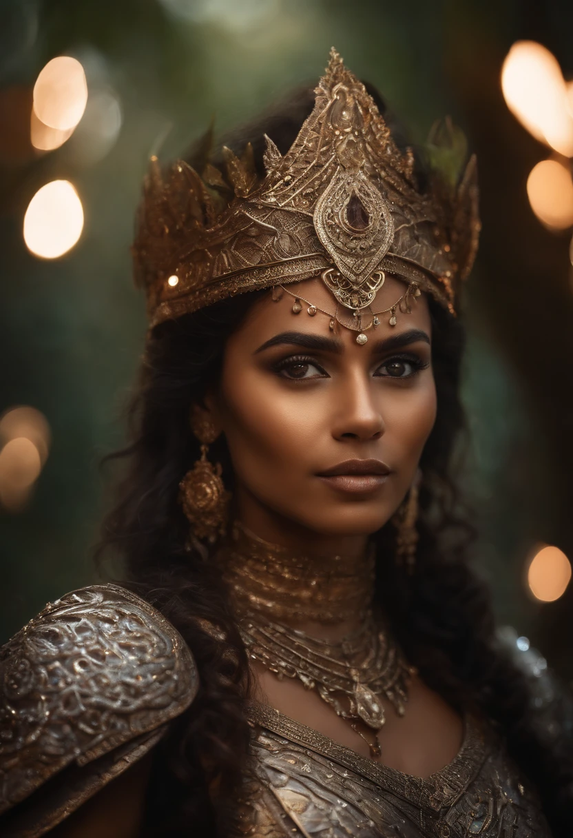 fantasy image, intricately detailed photograph of a druid hindi woman wearing druid armor, ((glowy eyes)), ((ethereal glow of magic spells)) shiny metal pieces, holographic glow, light particles, roses, hyperdetailed skin, defiant gaze shot on dslr camera, shot by MSchiffer, 32k resolution, best quality,