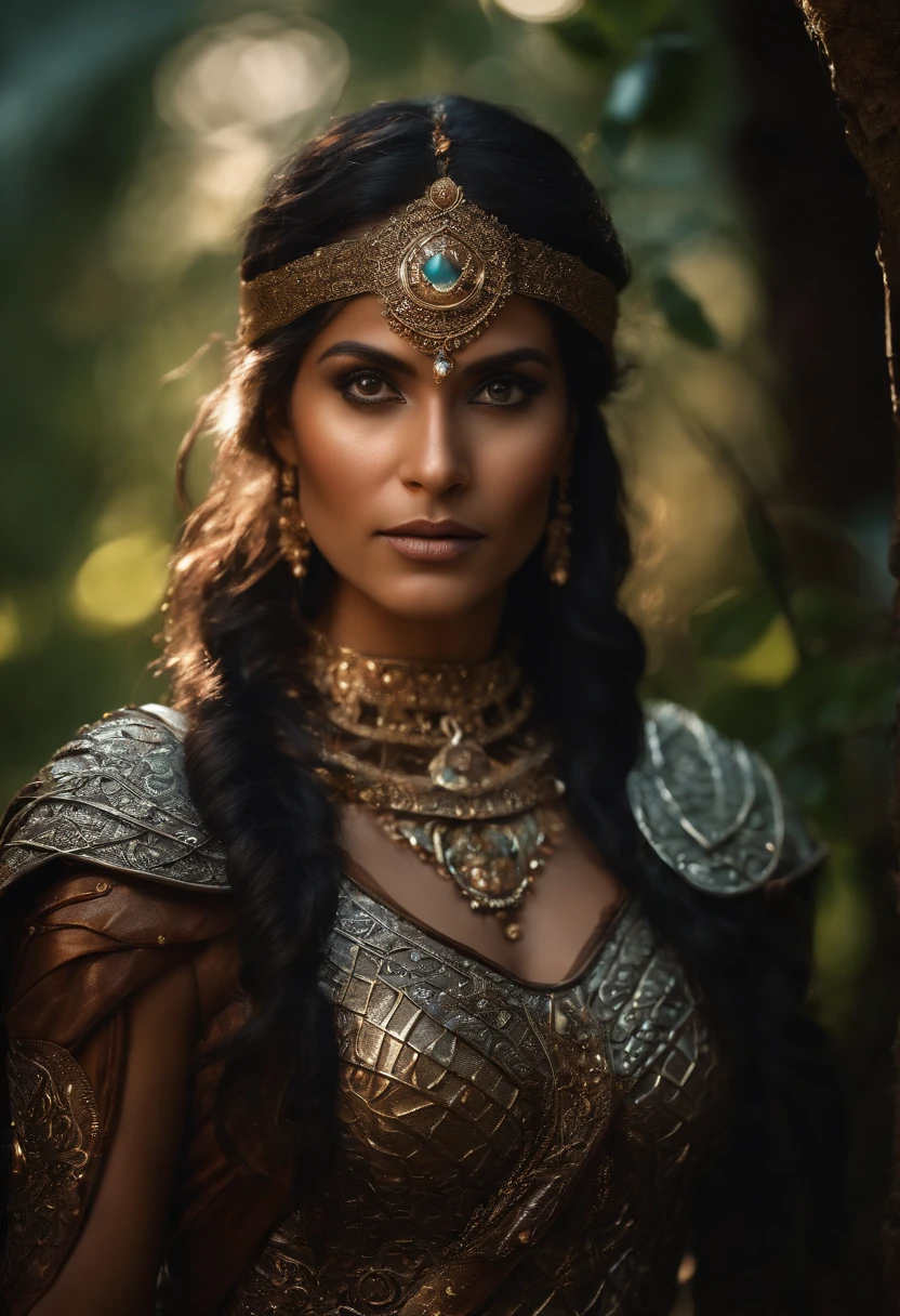 fantasy image, intricately detailed photograph of a druid hindi woman wearing druid armor, ((glowy eyes)), ((ethereal glow of magic spells)) shiny metal pieces, holographic glow, light particles, roses, hyperdetailed skin, defiant gaze shot on dslr camera, shot by MSchiffer, 32k resolution, best quality,