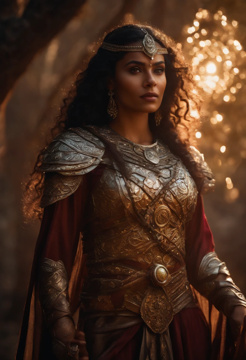 fantasy image, intricately detailed photograph of a druid hindi woman wearing druid armor, ((glowy eyes)), ((ethereal glow of magic spells)) shiny metal pieces, holographic glow, light particles, roses, hyperdetailed skin, defiant gaze shot on dslr camera, shot by MSchiffer, 32k resolution, best quality,