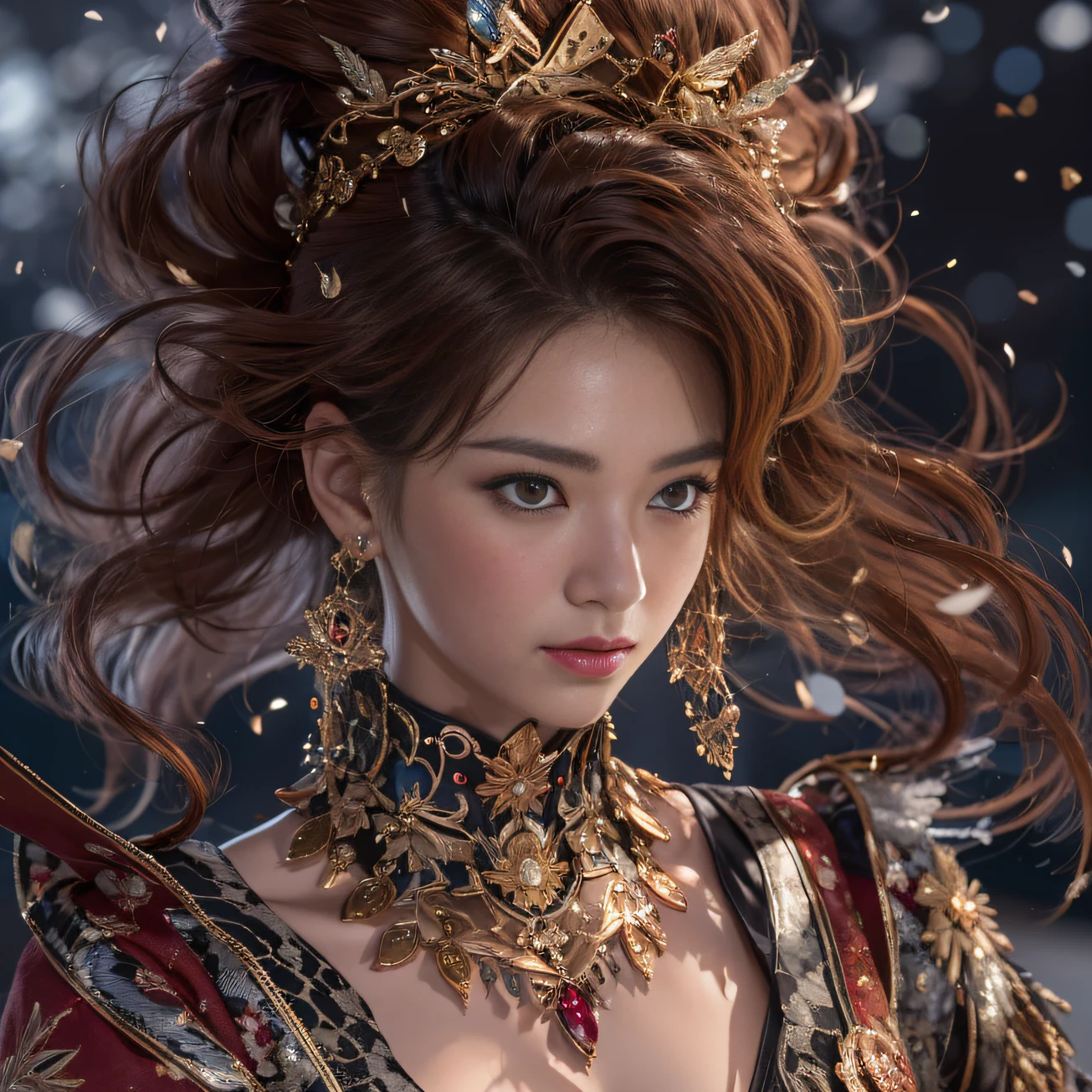 32K gradient glass texture(tmasterpiece,k hd,hyper HD,32K)Short burgundy hair,Short flowing hair,Onsen District,Flame Girl ,Yao Lang protector (realisticlying:1.4),Python pattern robe,Black gold master Kawashima work headdress,Snowflakes fluttering,The background is pure,Hold your head high,Be proud,The nostrils look at people, A high resolution, the detail, RAW photogr, Sharp Re, Nikon D850 Film Stock Photo by Jefferies Lee 4 Kodak Portra 400 Camera F1.6 shots, Rich colors, ultra-realistic vivid textures, Dramatic lighting, Unreal Engine Art Station Trend, cinestir 800,Hold your head high,Be proud,The nostrils look at people,Short burgundy hair