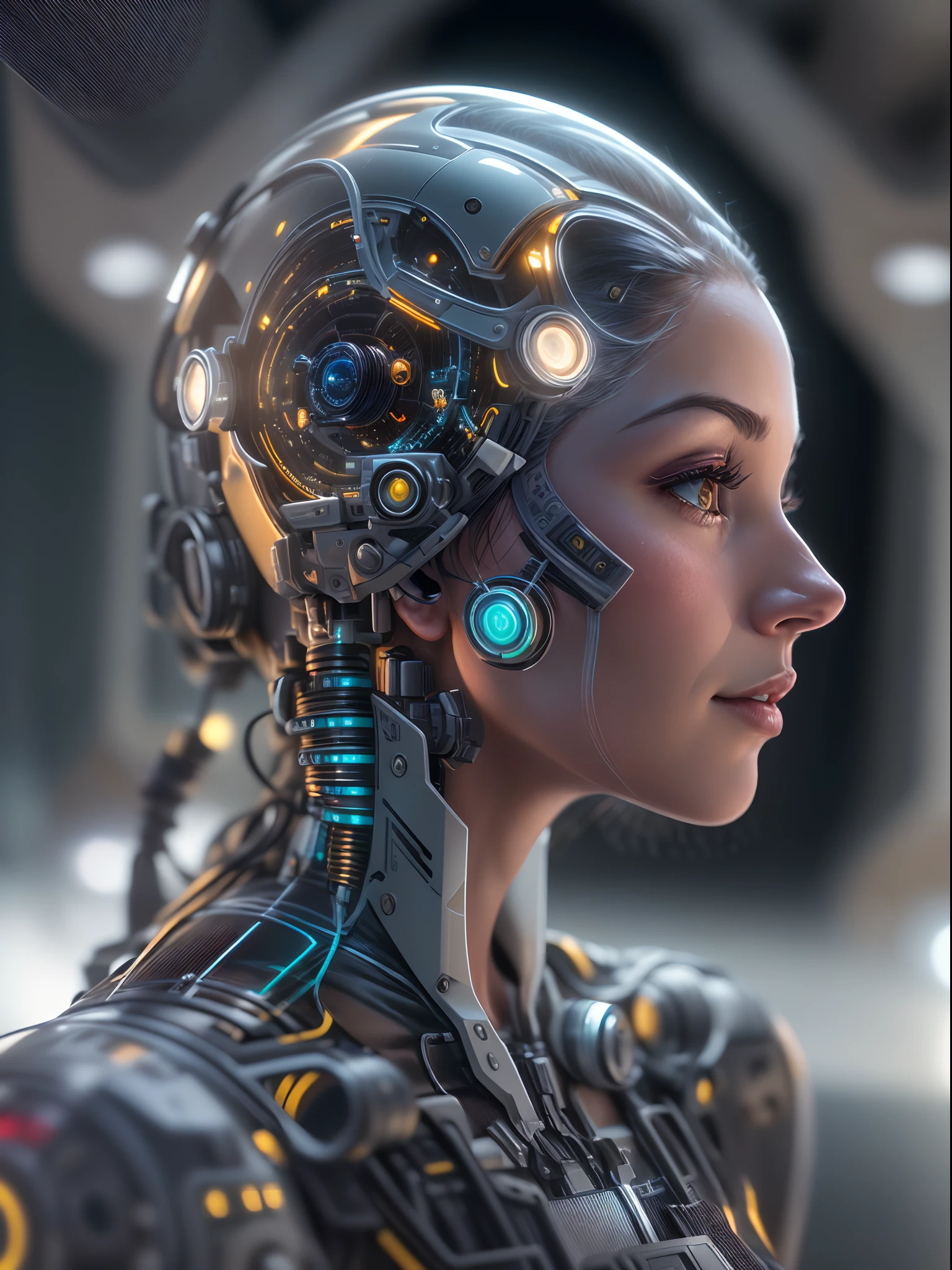 (Obra maestra, High resolution, .cgi:1.4), (Depiction of a woman with seamless robotic enhancements all over her body:1.3), (Your skin blends perfectly with metal components:1.2), (Glowing circuits running under your translucent skin:1.2), (Mechanical seals and pistons provide improved mobility:1.2), (His eyes radiated with a subtle robotic glow:1.2), (Intricate cybernetic tattoos adorning your body:1.2), (A metal exoskeleton that improves your strength and agility:1.2), (Canon EOS R5 mirrorless camera:1.2), (emparejado con un RF 85mm f de Canon/1.Lente USM de 2L:1.2), (Capturing every detail of your advanced cyber:1.2), (The laboratory environment designed with a futuristic and minimalist aesthetic:1.2), (Elegant and clean lines that define the space:1.1), (Holographic displays displaying advanced technology:1.1), (Subtle ambient lighting adds a touch of sci-fi charm:1.1), (A captivating representation .CGI of a woman who embodies the future of human-machine integration:1.2), Kinematic, hiperdetallado, Detalles locos, bellamente graduado de color, Motor irreal, DOF, Super-Resolution, Megapixel, Cinematic Lightning, Antialiasing, FKAA, TXAA, RTX, SSAO, Procesamiento posterior, Post Production, Mapeo de tonos, .cgi, VFX, SFX, insanely detailed and intricate, Hiper maximalista, hiperrealista, volumetic, fotorrealista, ultra fotorrealista, Ultra detallado, Detalles intrincados, 8k, Super detailed, a todo color, volumetric illumination, HDR, realista, Motor irreal, 16k, foco nítido, Renderizado de octanaje