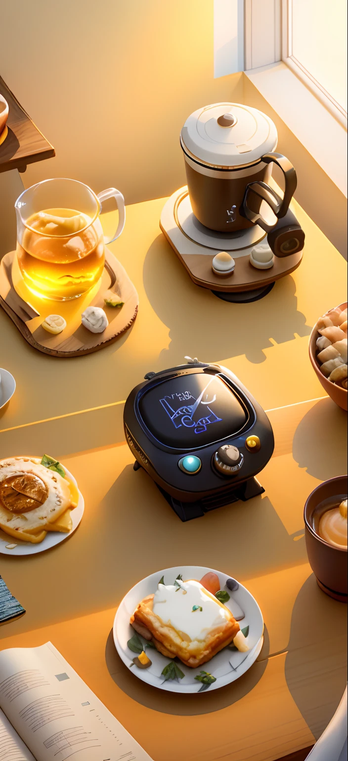 There are many different types of breakfast items on the table, ko-fi, toasting, product design shot, product introduction photos, portrait shooting, designed for cozy aesthetics!, 8, goodlooking, 9, 1 0, zun, 6, 10, inspired by Arthur Pan, honey, butter, Fan art, Official product image, fan favorite, 5, Y2K，Hyper-realistic rendering，Vray rendering，Realiy，Hyper-realistic，Realiy，morningglow，Divine sense top light，Cinematic lighting effects，best qualtiy，IF Awards，Yellow desktop
