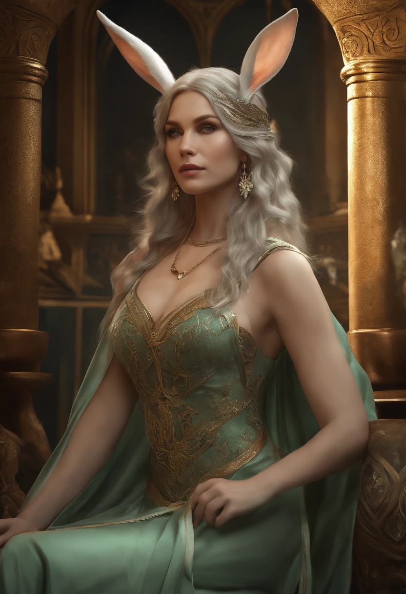 Final fantasy 14 female viera with long hair and long rabbit ears, hair with bangs, lightly tan, full body length standing of a photorealistic beautiful woman, proportionate, intense coloration fantasy, grey hair, a stunning realistic photograph 20 years, upper class fashion, shining green color eyes, full body, cover, dress design has fractal and tiling features, hyperdetailed painting, luminism, octane render, Bar lighting, complex, {{Martin Ansin}}, 8k resolution concept art portrait by Martina Fačková and Prywinko Art, Artgerm, WLOP, Alphonse Mucha, little fusion pojatti realistic steampunk, fractal isometrics details bioluminescence : hypereallistic cover photo awesome full color, hand drawn, dark, gritty, realistic mucha, klimt, davinci, erte .12k, intricate. hit definition , cinematic,Rough sketch, mix of bold dark lines and loose lines, bold lines, on paper , real life human, bold colors on dresses,