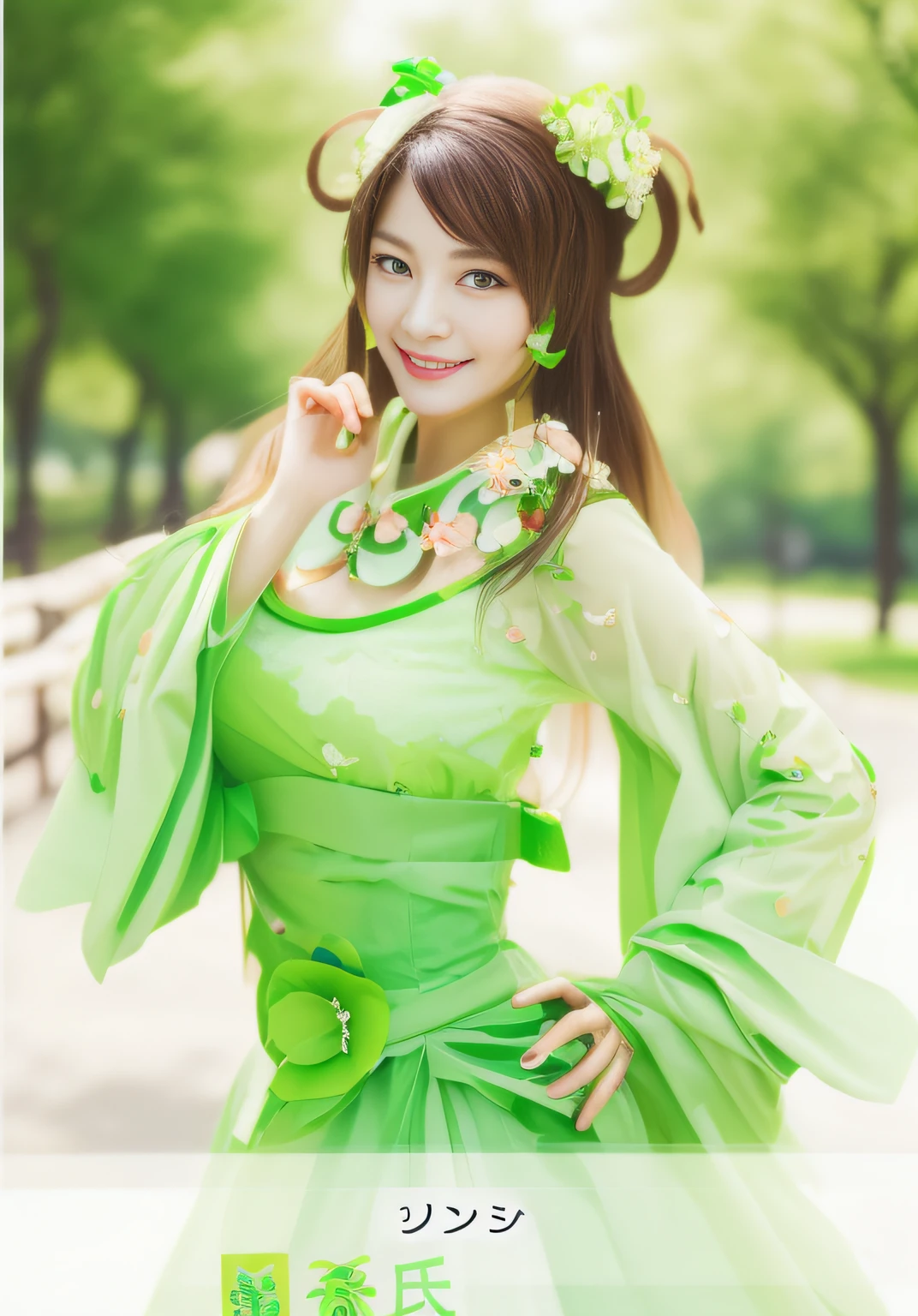 Smiling woman in green dress with flowers in hair、a park