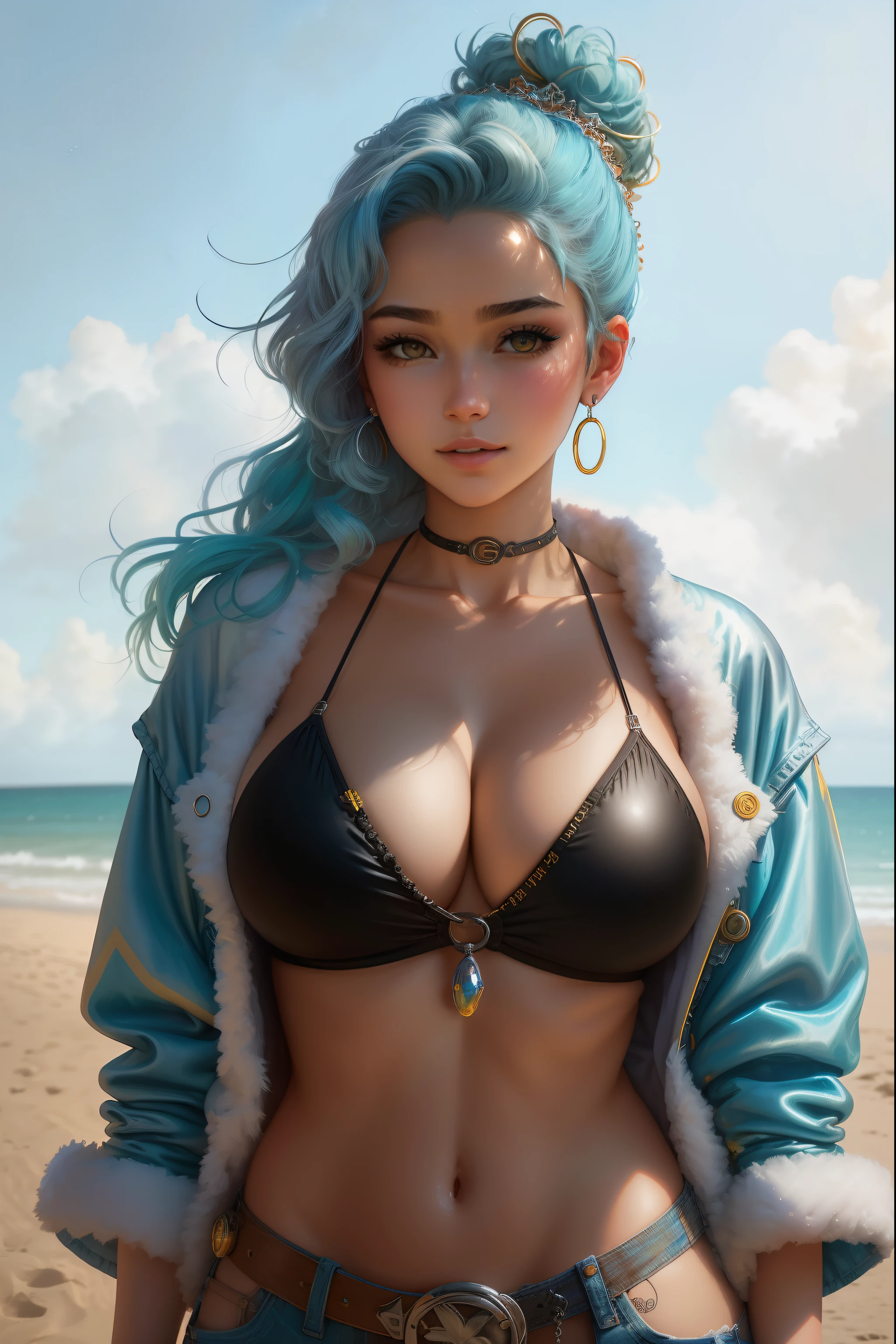 imagem em close-up de (anyachalotra), uma mulher como bruxa, (usando um vestido preto com lacery: 1.3), cabelo loiro, cabelo dourado, estilo modelshoot, (extremamente detalhado CG unidade 8k wallpaper), foto da obra de arte mais bonita do mundo, Majestic professional oil painting by Ed Blinkey, Atey Ghailan, Studio Ghibli, por Jeremy Mann, Greg Manchess, Antonio Moro, trending in the artstation, trend in CGSociety, Intrincada, Alto Detalhe, foco nítido, dramatic, Arte de pintura fotorrealista por Midjourney e Greg Rutkowski, (Corrente da cintura), (Andar na areia do deserto:1.2), (magic sparks:1.2), (Olhando para o espectador), (Alunos detalhados:1.2), (Closeup:1.1), light blue hair with harajuku highlights, blue and yellow sky themed clothes, short hair with massive buns, fluffy hair accessories, juicy lips, yellow eyes, smile, super pastel and chaotic clothes, mature, adult, woman, big boobs