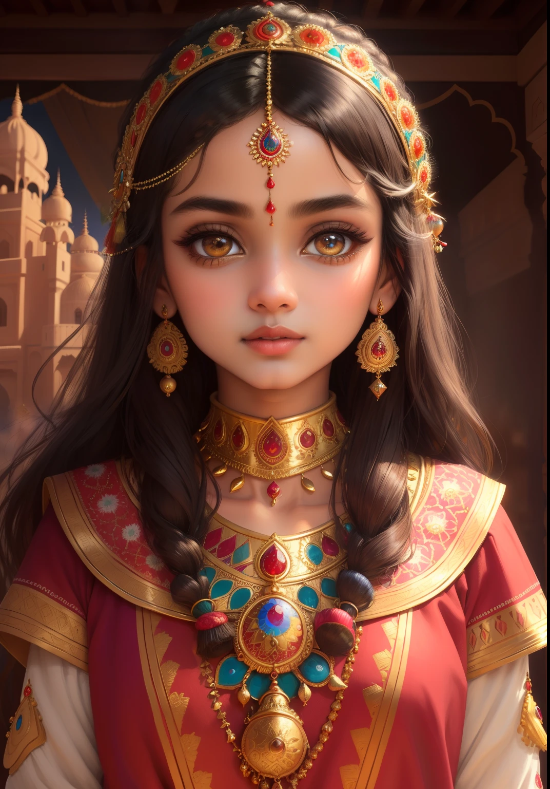 (masterpiece,best quality,ultra-detailed,best illustration:1.2),Rajasthani painting Pixar style,beautiful detailed eyes,beautiful detailed lips,extremely detailed eyes and face,longeyelashes,1girl,shy expression,traditional Rajasthani costume,golden ornaments,bright colors,artistic background,playful pose,Indian ethnicity,Walt Disney touch,exquisite details,perfectly proportioned,impeccable lighting,rich color palette,fine art quality,whimsical atmosphere