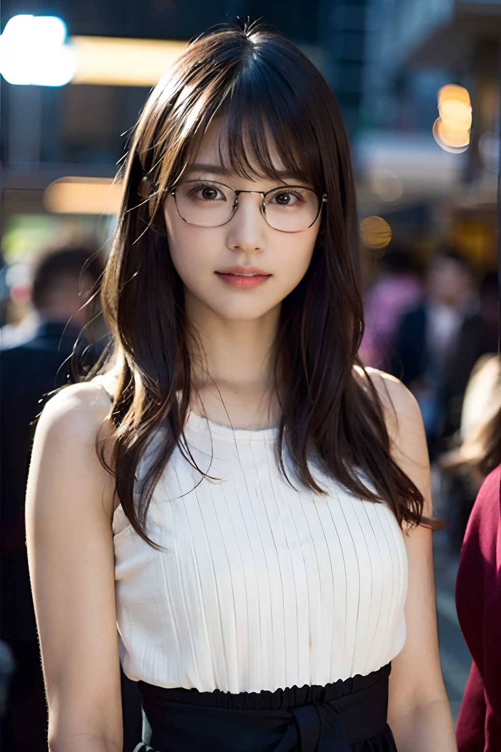 (8K、Raw photography、top-quality、​masterpiece:1.2)、(realisitic、Photorealsitic:1.37)、ultra-detailliert、超A high resolution、女の子1人、see the beholder、beautifull detailed face、A smile with a little visible teeth、Constriction、(Slim waist) :1.3)、((Hard work clothes))、Beautiful detailed skin、Skin Texture、Floating hair、((fluffy hairstyle))、large breasts with good shape、Professional Lighting、Autumn twilight、In front of the station、((Black square glasses ))、Whole human body、Black hair、((Shameful appearance))、Pay attention to your audience、