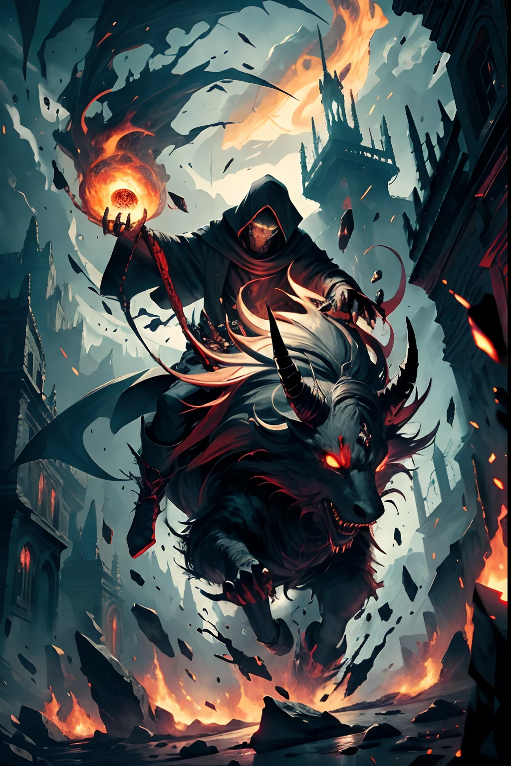 (highres, ultra detailed, HDR), masterpiece, best quality, an assassin riding on demon with a giant eyes, in arrogant look, solo, demon eyeball, giant eyeball, disgusting, black demon, handsome, red eye, glowing eye, black robe, earring and accessory, arrogant face, full body, magic in the air, red sparks, black aura, a black cloudy sky, abyss, fire background, from side, look up, evil smile