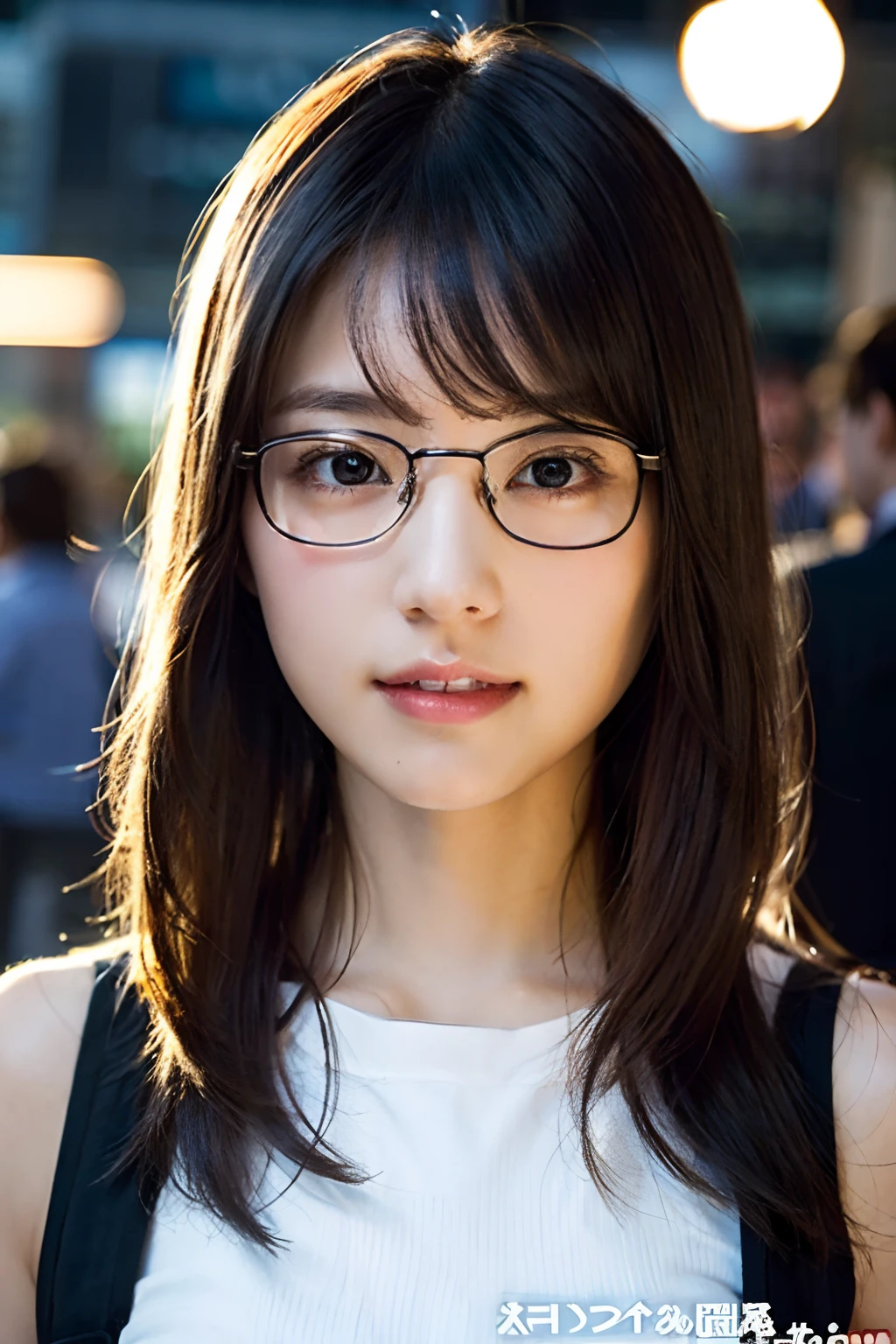 (8k、Raw photo、highest quality、masterpiece:1.2)、round face、Round Glasses、Thin frame glasses、Raccoon、ponytail、Round face、(Realistic、Photorealistic:1.37)、Ultra-detailed、超A high resolution、1 girl、20-year-old、Seeing the viewer、Beautifully detailed face、A smile with slightly visible teeth、narrow、(Slim waist) :1.3)、blazer、Beautifully detailed skin、Skin Texture、Floating Hair、Tie your hair together、Shapely large breasts、Professional Lighting、Autumn evening、library、(((Black square glasses )))、Human whole body、Black Hair、((Embarrassing appearance))、Accept the book、