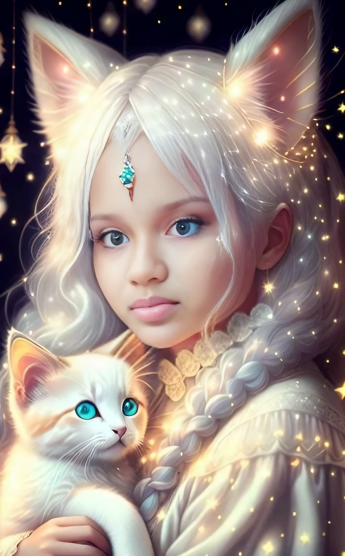A closeup of a holding a cat with stars in the background, menina do gato branco, muito bonita gatinha fofa, gatinha jovem bonita, Branco ( Gato ) garota, retrato da arte da fantasia, retrato bonito da arte da fantasia, retrato bonito da fantasia, retrato da fantasia, muito bonita menina gato anime, estilo de arte de fantasia, arte digital detalhada bonito, retrato de fantasia digital, gato anime bonito