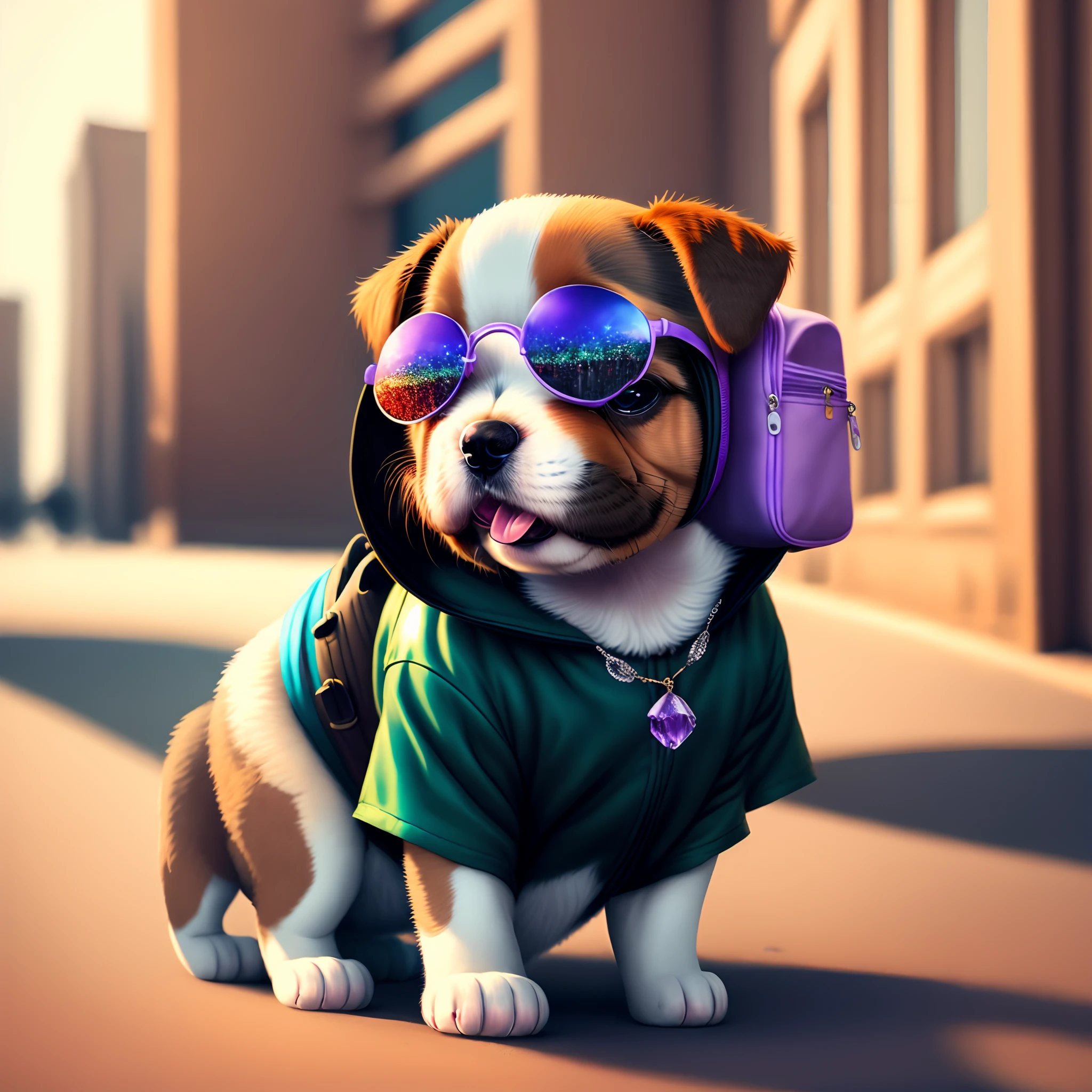 ，masterpiece, best quality，8k, ultra highres，In this stylish city，A puppy in a fashionable costume catches everyone's attention。Its hair shines purple，A black leather jacket and a silver necklace make it look very cool。The puppy has big eyes and a playful mouth，Whenever it blinks or opens its mouth to laugh playfully，It all makes people feel that this is an animal full of life and vitality。 The surrounding buildings are reflected on the puppy's sunglasses，Create a fantastic illusion。Under the sunlight，The puppy's hair flashed，It's like a glittering crystal。The puppy seems to be enjoying its own fashionable life，Its ears kept shaking to the rhythm of the music it had in its backpack，Looks very pleasant。 The aesthetic mood and detail portrayal in this picture are excellent，Especially for the treatment of puppy clothing and reflective effects。The lighting and shadow effects throughout the scene are very realistic，It makes you feel like you are in a real urban environment。This is a comic picture full of energy and fashion。