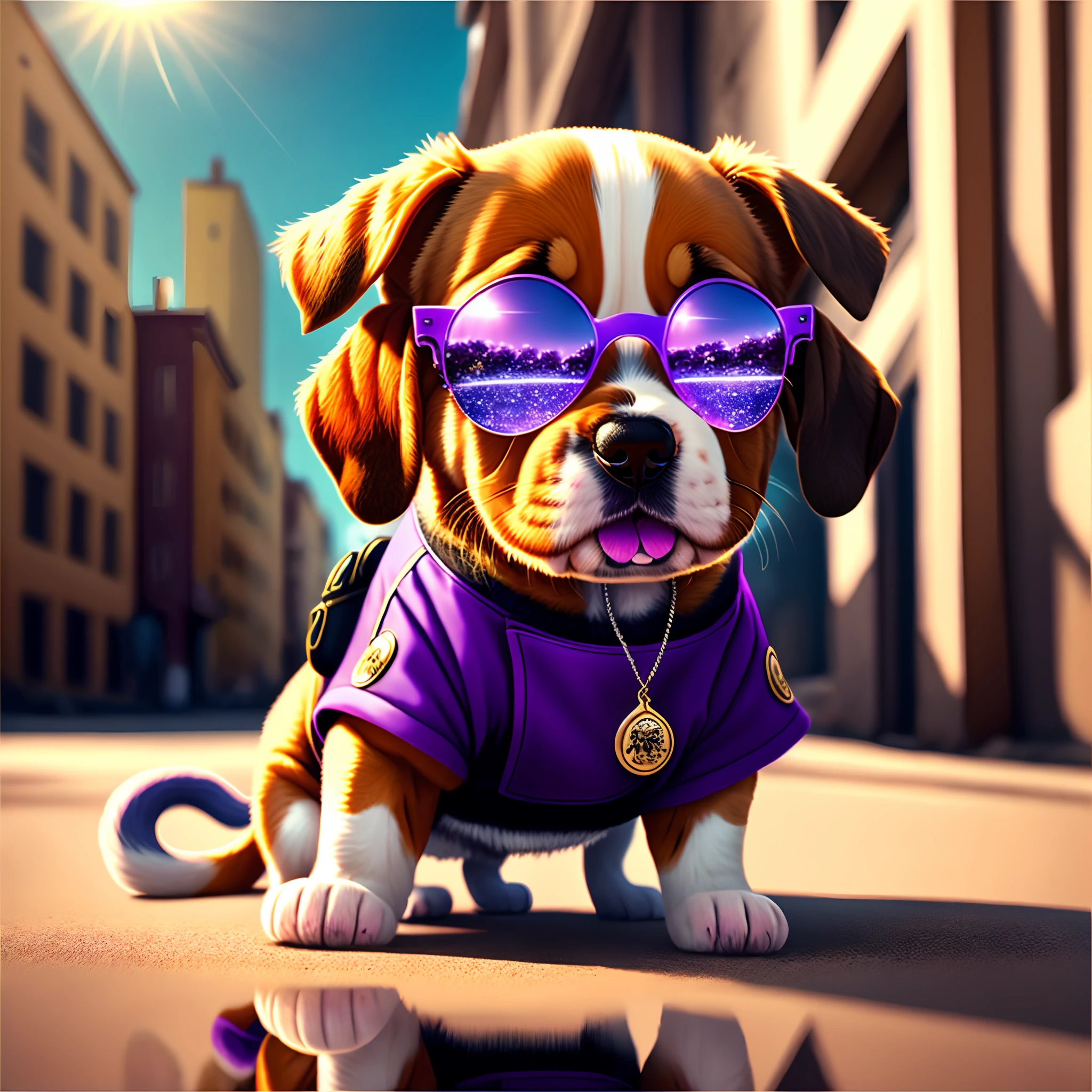 ，masterpiece, best quality，8k, ultra highres，In this stylish city，A puppy in a fashionable costume catches everyone's attention。Its hair shines purple，A black leather jacket and a silver necklace make it look very cool。The puppy has big eyes and a playful mouth，Whenever it blinks or opens its mouth to laugh playfully，It all makes people feel that this is an animal full of life and vitality。 The surrounding buildings are reflected on the puppy's sunglasses，Create a fantastic illusion。Under the sunlight，The puppy's hair flashed，It's like a glittering crystal。The puppy seems to be enjoying its own fashionable life，Its ears kept shaking to the rhythm of the music it had in its backpack，Looks very pleasant。 The aesthetic mood and detail portrayal in this picture are excellent，Especially for the treatment of puppy clothing and reflective effects。The lighting and shadow effects throughout the scene are very realistic，It makes you feel like you are in a real urban environment。This is a comic picture full of energy and fashion。
