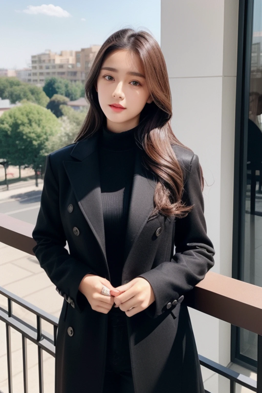 face, dark brown hair, gorgeous, girl, black formal coat western, top, hot girl, balcony