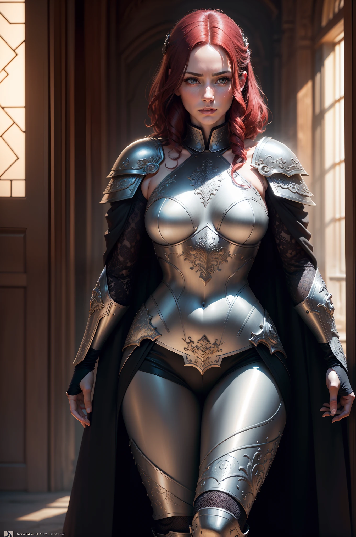 Realistic photos of beautiful mature women, (Jennifer Love Hewitt:0.5), (Skin Texture:1.1), (Detailed eyes), (red hairs), (Wave sobbed short bob), (Detailed face), (Skin pores), (Legs), (broad shoulders), (strong thick body), pale skin, ((High Detail Filigree Armor)), On the ramparts, Facing the camera, (masutepiece), (Photorealistic:1.4), Raw photo, Best Quality, hight resolution, Rich colors, Backlight, Bright sunlight, Cinematic lighting, Film grain, Raw photo, 50mm Lens, Nikon D850, Warm colors　Luxurious black and silver armor　Luxurious black and silver trousers　Obi Ken