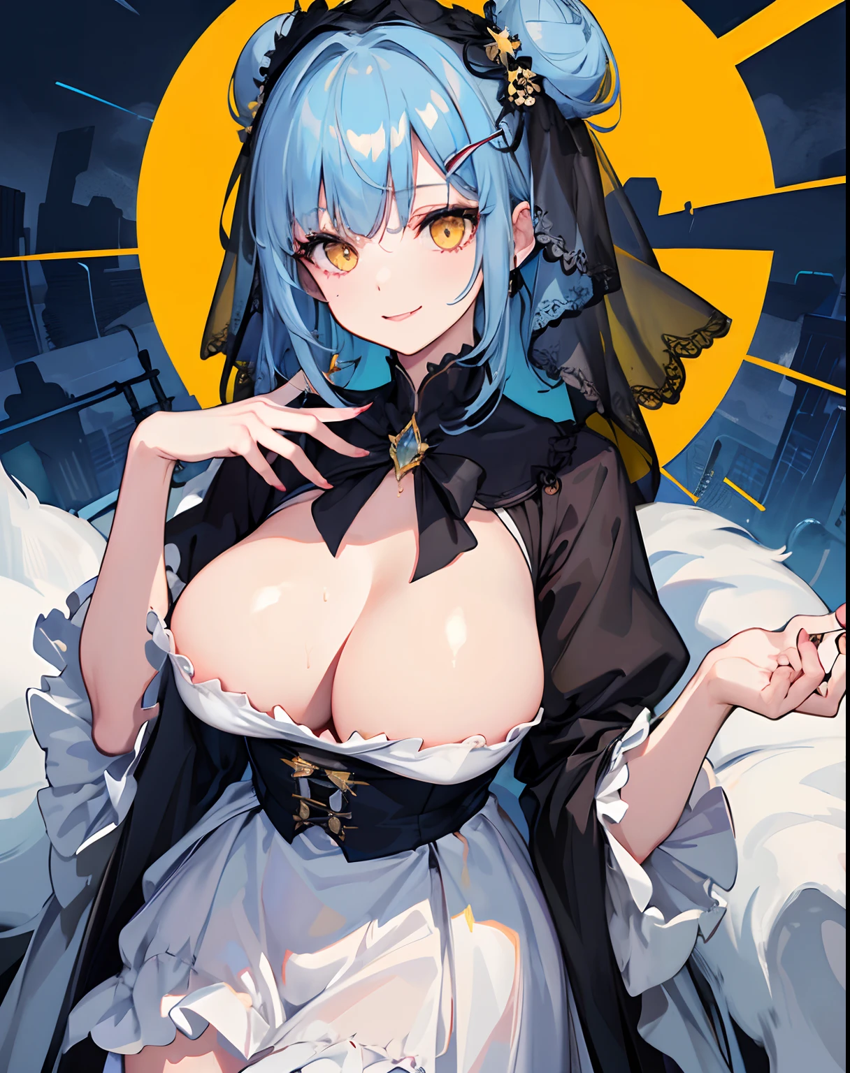 masterpiece,1girl, black_dress,black_veil,veil over eyes, widow,red_hair,graveyard, rain,wet,standing, light blue hair with harajuku highlights, blue and yellow sky themed clothes, short hair with massive buns, fluffy hair accessories, juicy lips, yellow eyes, smile, super pastel and chaotic clothes, mature, adult, woman, big boobs