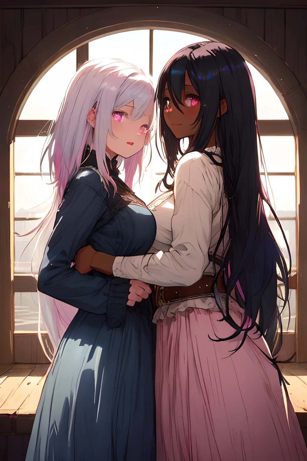 beautiful illustration, best quality,  cinematic lighting, cowboy shot, looking at viewer, from bottom, happy, (((2girls))), 1 dark skinned with long black hair and blue strands, 1 white skinned with white hair and pink highlights her hair is short, mature, big boobs