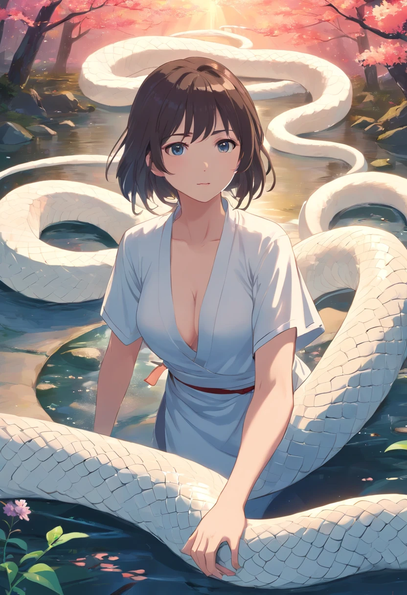A large white snake slipped off,Mystical aura, surreal atmosphere,(Chinese Folk Suspense, terrorism, Supernatural cartoon style), hyper quality,hyper HD,4K, mature woman, curvy chubby, cleavage