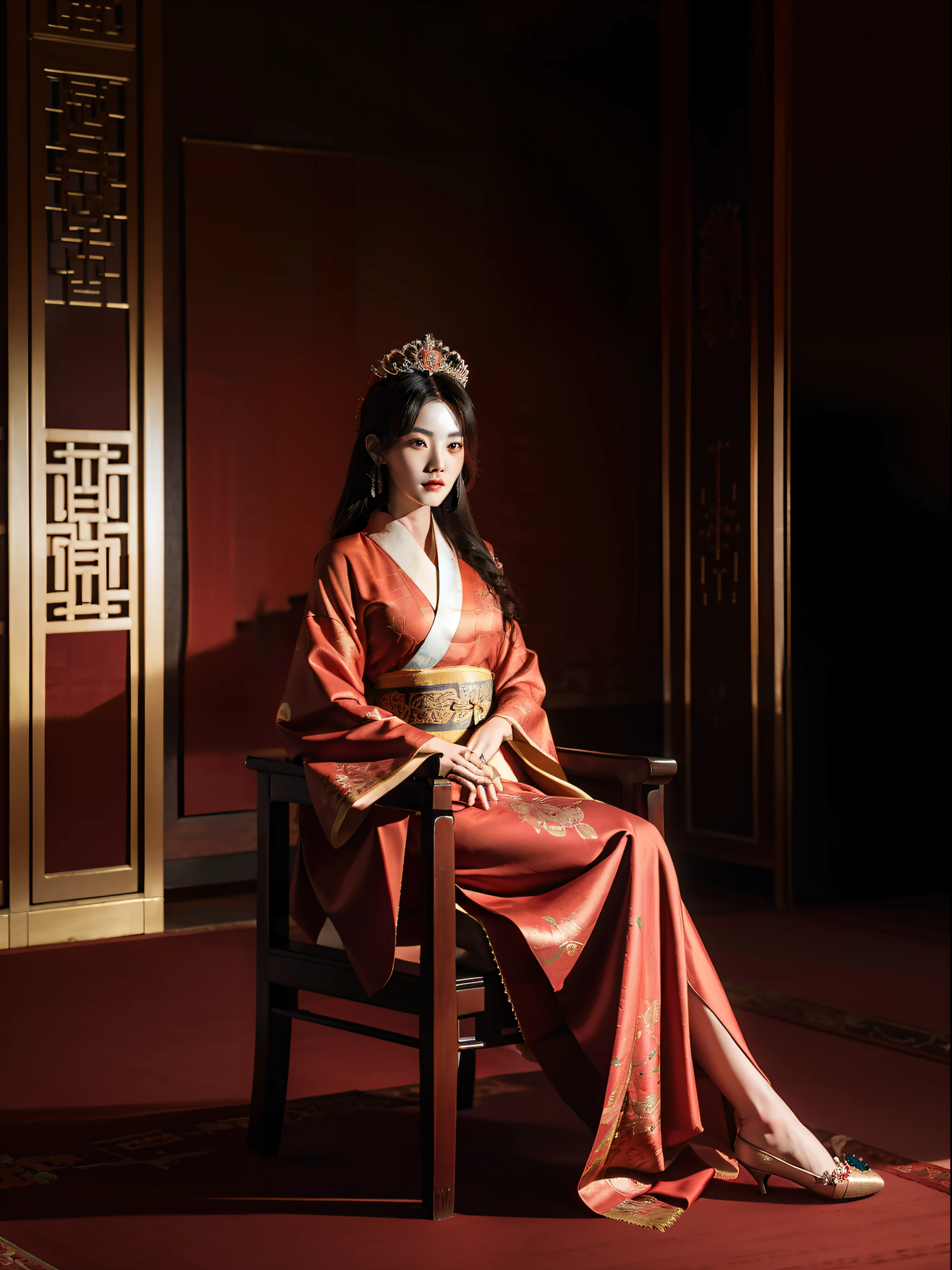 Top image quality,movie camera,Young and beautiful princess in the Chinese royal palace,Wearing a gorgeous red Chinese kimono,Ancient Chinese gorgeous hair ornament on head,Red Ancient Chinese Elegant Shoes,Live in China's ancient royal palaces,Sitting in the Queen's Chair,elegant look,Looking down at the camera with cold eyes.,Full body portrait,Stylish art,low angles,Detailed face,