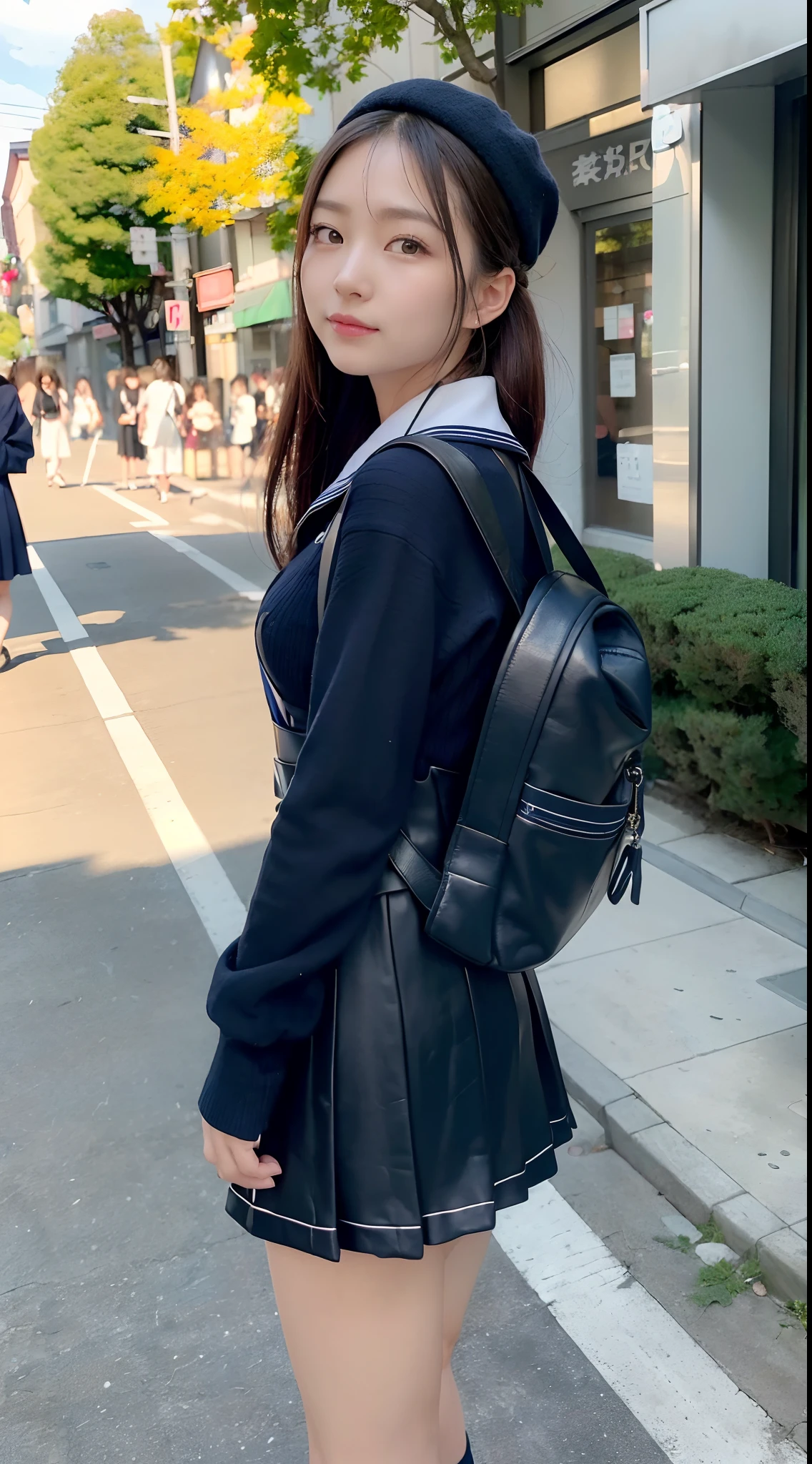 mix4, (16 K, Raw photography, Top image quality, masterpiece: 1.45), (realisitic, Photorealsitic: 1.37), one girls, 7.5, etc,cute little, A city scape,, profetional lighting, photon maping, Downtown Shibuya, physically-based renderingt, Gradient black hair,, a handsome, Well-groomed and beautiful eyes、二重まぶた、girl with, (((student clothes、Sailor suit worn by Japan schoolgirl、The collar has two lines、scarf、Dark blue mini skirt、Navy Blue Beret、Dark blue high socks))), Top Quality Photos, hight resolution, 1080p, (clearface), (Detailed face description), (Detailed hand description), (masterpiece), (Exquisite CG)、extreme light and shadows、dishevled hair、master work、abundant detail、(Fine facial features)、(top quality photo)、(masuter piece)、(A detailed eye)、Look in front of you、Fine clavicle、((Slender big))、(((a sailor suit)))、((Sexy Idol System))、((Gingko tree-lined shopping street))、(Shooting from random perspectives)、(((Anyway cute)))、耳Nipple Ring、A big smile、Drawing the whole body from the knees、Do not draw nasolabial folds、(((Carry a leather student bag)))、Big breasts that hang down big、Big buttocks with tension、Two legs、(((from the front side:1.1)))、bare hand、