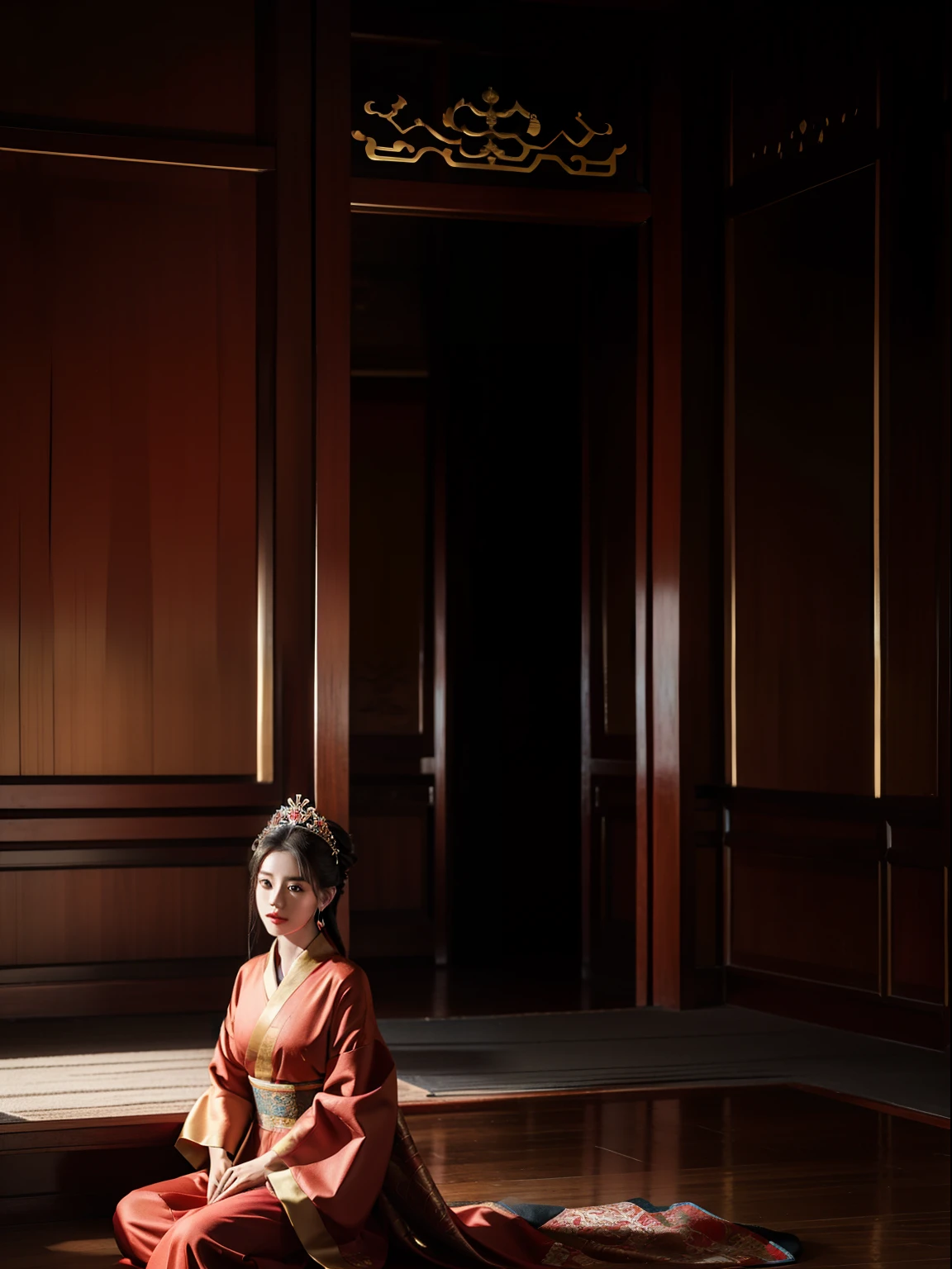 2 women，An innocent girl，A scheming adult sitting on the dragon chair, Gorgeous red and, dramaticangle, Background of traditional Chinese palace，About 1% of the screen/3,  Dramatic Lighting, Chiaroscuro, Chinese Ming Dynasty style