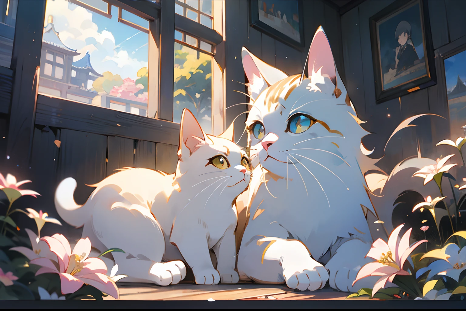 cute white puppet cat, hayao miyazaki dream style, surrealist animal illustration, bow, flowers, window, sky, meiji art, light color color painting, rich layers, realistic figurative painting, realistic hyper-detail portrait style, neo-traditional japan, soft edges, fantastic illustration, (very detailed CG unity 8k wallpaper), clean background, natural light, best quality, hyperdetail,