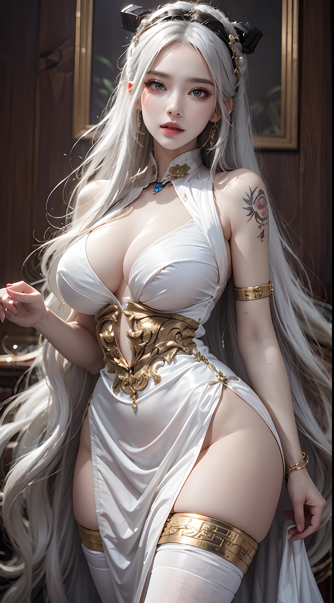 Photorealistic, high resolution, 1 woman, Hips up, Beautiful eyes, Long hair, ringed eyes, jewelry, tattoo, goldendragon hairstyle, outfit-goldendragon, white hair, china dress,cleavage