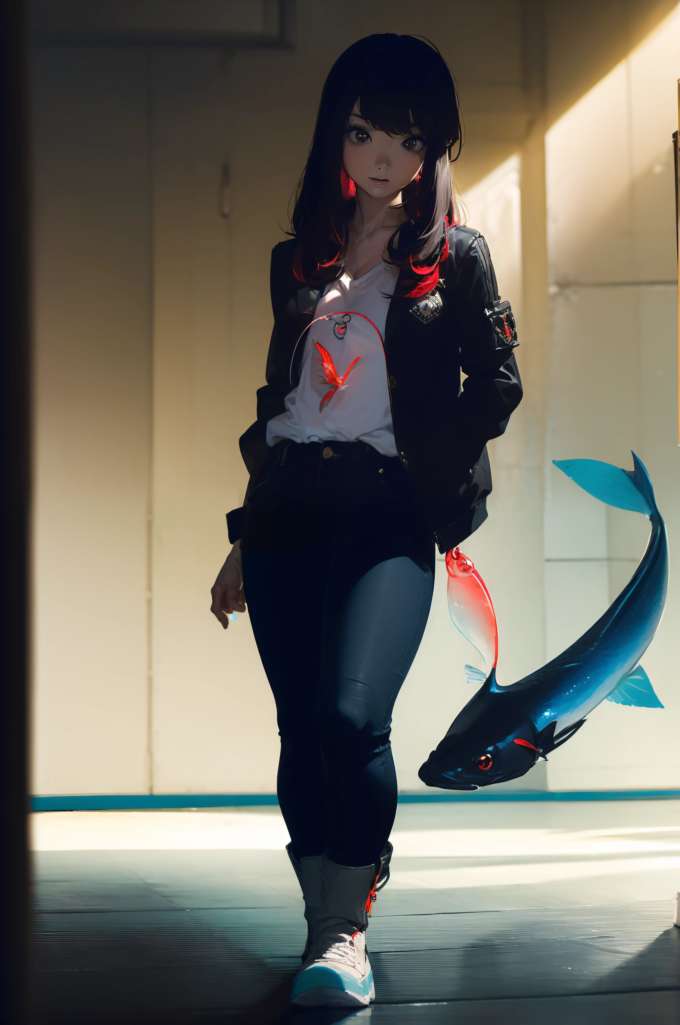 ((((Have a lure in the shape of a fish:1.5)))),((Female 28 years old)),((Best Quality:1.5)),(((Hands with the correct number and structure of fingers:1.4))),((lakeside:1.37)),hight resolution,ultra-detailliert,masterpiece,best qualtiy,(Eight-headed body),Black hair, long eyeslashes, Solid Circle Eyes, drop shadow, Atmospheric perspective,Super Detail, ccurate, small brest,(Black jacket and black jeans :1.1),top-quality, blurry backround, bokeh dof:1.2, (masterpiece:1.3), Atmospheric perspective,Super Detail,dynamic compositions,