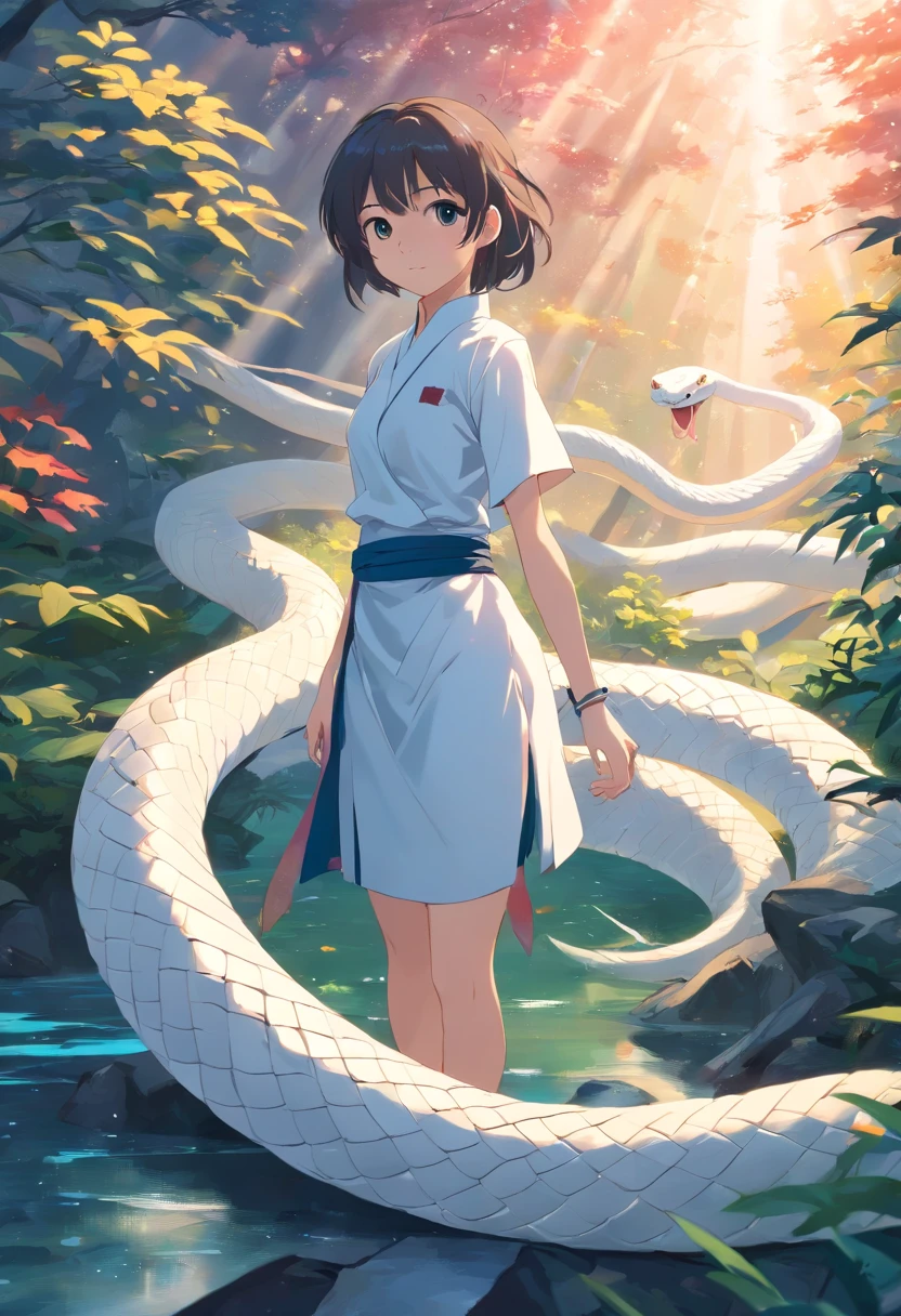 A large white snake slipped off,Mystical aura, surreal atmosphere,(Chinese Folk Suspense, terrorism, Supernatural cartoon style), hyper quality,hyper HD,4K