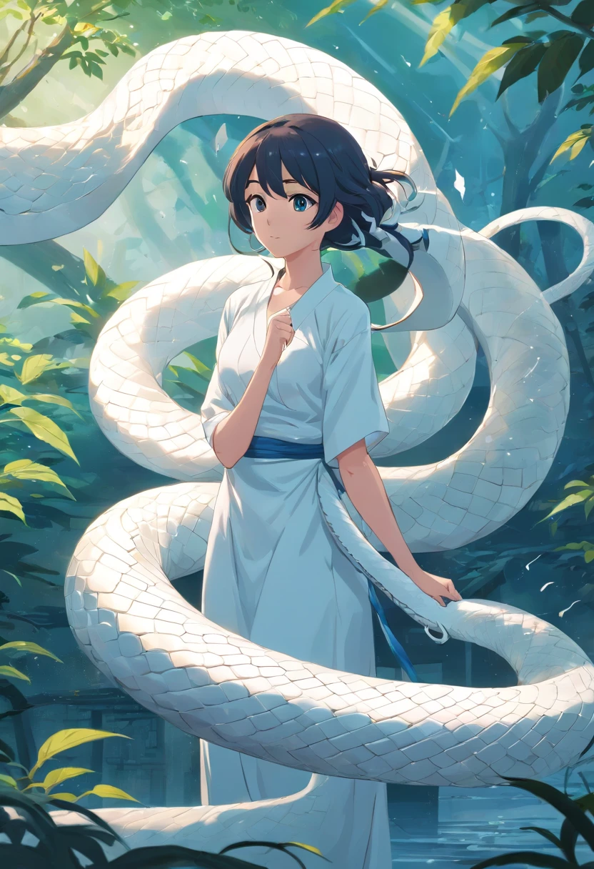 A large white snake slipped off,Mystical aura, surreal atmosphere,(Chinese Folk Suspense, terrorism, Supernatural cartoon style), hyper quality,hyper HD,4K, mature woman, curvy chubby, cleavage