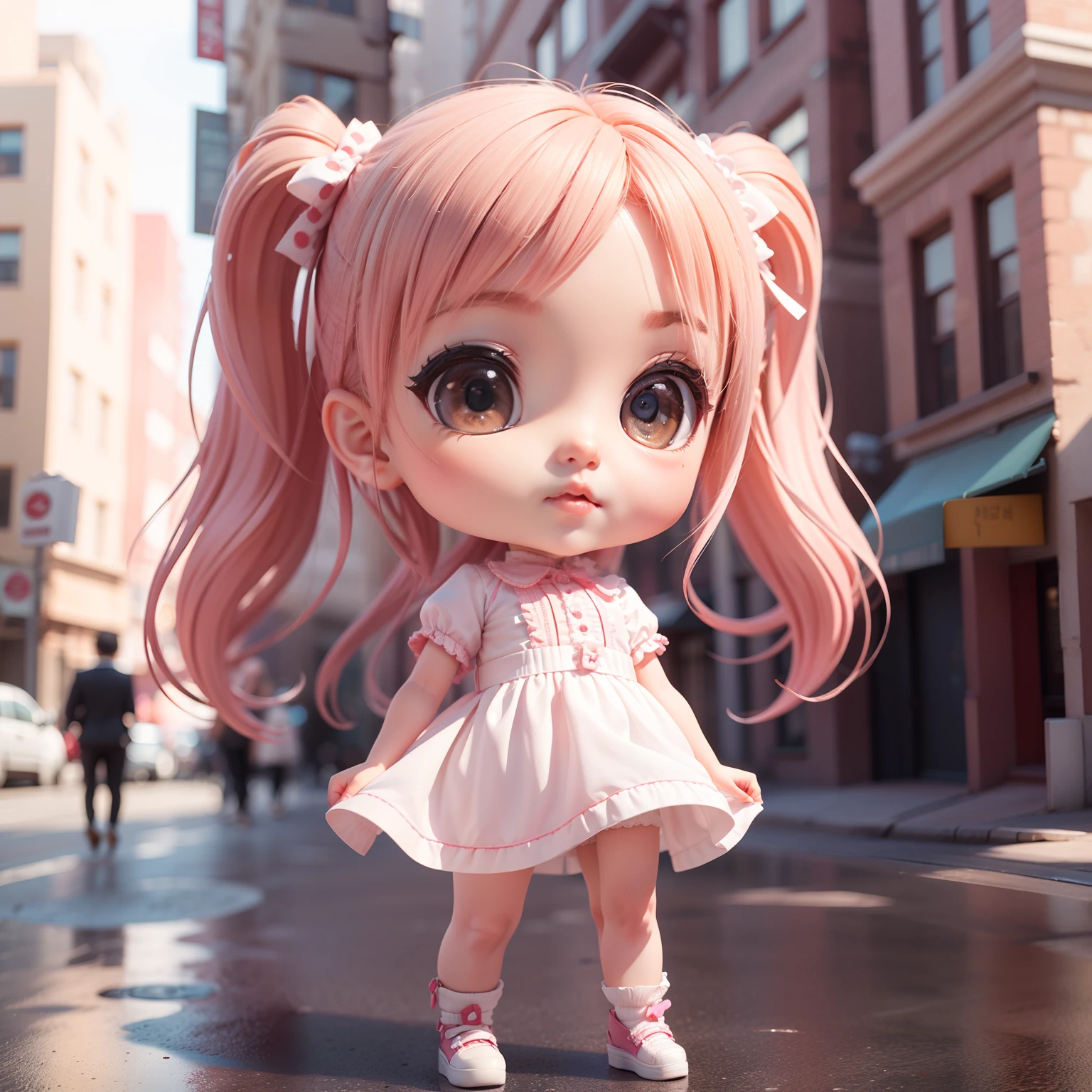 Cute Baby Chibi Anime、(((chibi3d))) (best quality), (masterpiece)、Chibi Career Woman、Streets of buildings in Manhattan、Small face、A detailed face、