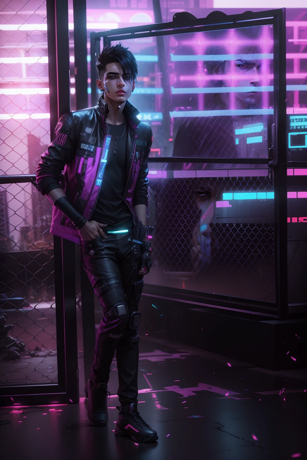 Change background cyberpunk handsome boy. Realistic, 8k ultra realistic