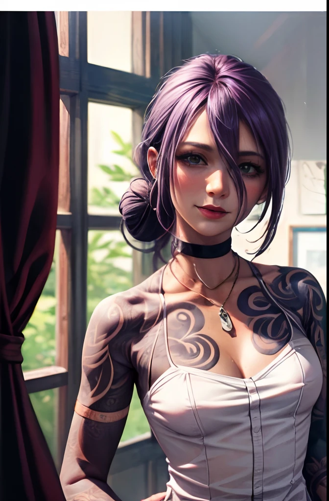 (very detailed background:1.0), (highly detailed background:1.0), (Masterpiece), High Quality, 1girl, woman, tattoo, irezumi, depth of field, dynamic lighting, high quality shadows, feminine, plunging neckline, breast curtains, Revealing clothes, , white dress, reze, purple hair