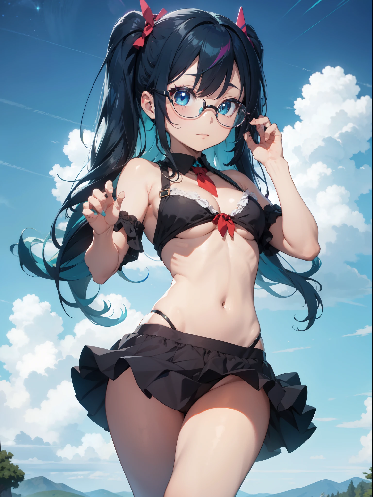 Juniper Montage, Juniper from My little pony, medium breasts, small breasts, five fingers, detailed hands, two hair tones, hair color turquoise and dark turquoise, twin tails hairstyle, glasses, red sofa, bangs obliquely, blue eyes, film coil hairpins, solo, one character