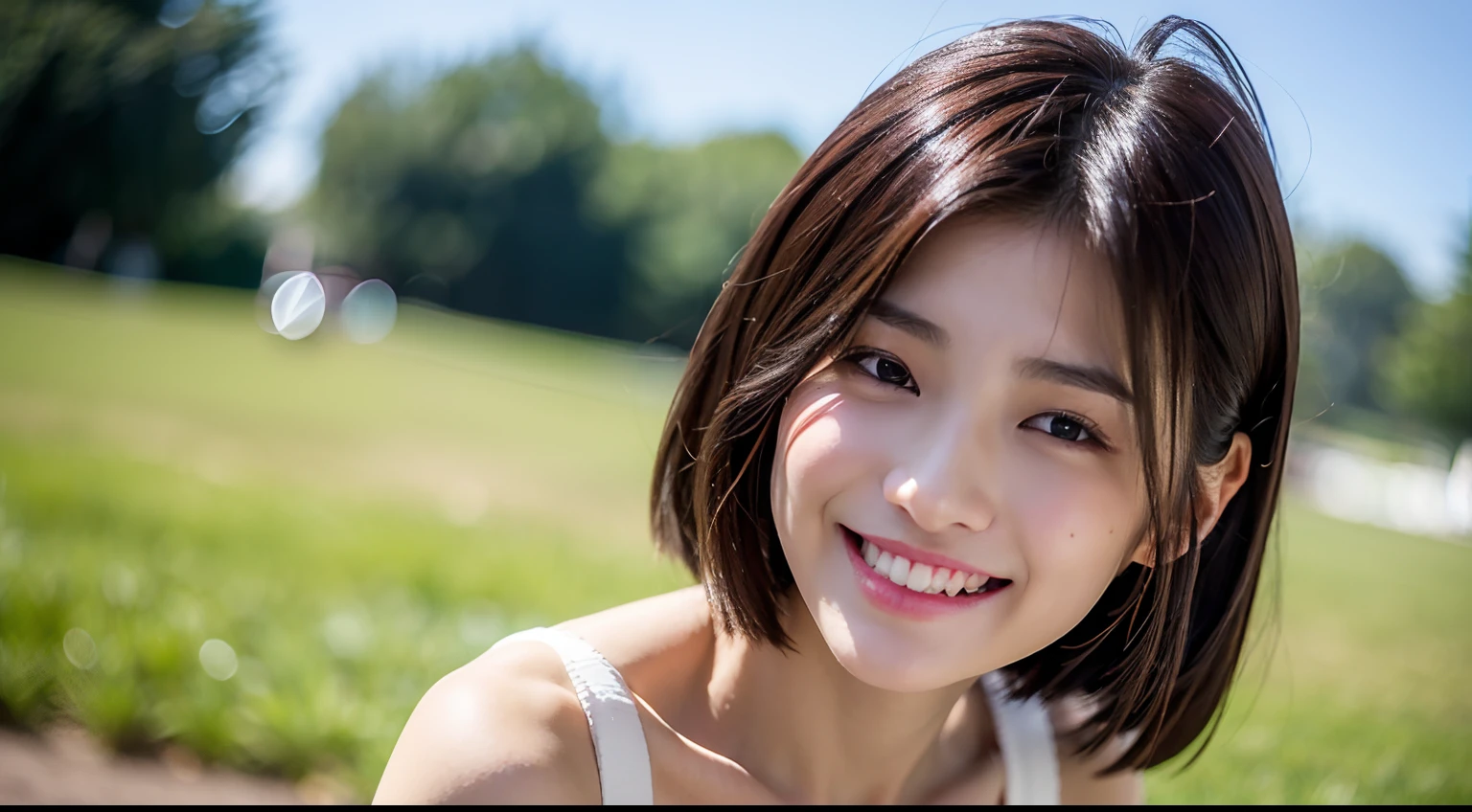 ((top-quality)), ((超A high resolution)), (Photorealsitic:1.4),(1girl in:1.5),(The upper part of the body:1.3), looking at the viewers, facing the front there, A smile, Laugh,short-hair、ulzzang -6500-v1.1,pureerosface_v1, extended downblouse,