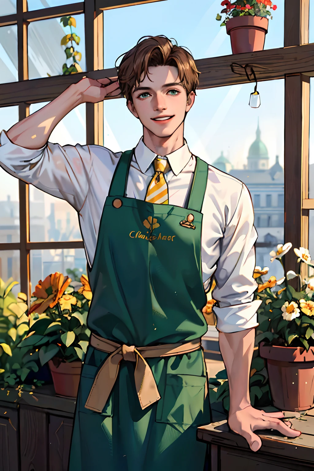 (masterpiece, best quality, high resolution:1.4), 1boy, playful, lively, skin pores texture, HD , Photography, movie, cinematic, portrait, Realistic, (8k, RAW photo, best quality, masterpiece:1.2), (realistic, photo-realistic:1.33), best quality, (detailed brown green color eyes), ((white shirt)), (dark brown hair), (16 years old), ((white shirt)), (handsome), (young), portrait, smile, (background: sunny greenhouse), bust up, detailed and realistic portrait of a boy , (golden hour light),(muscular), (carefree), (British), (Caucasian),(Irish),colorful, happy, (Harris Dickinson in movie kingsman), (honest), (green gardening apron)