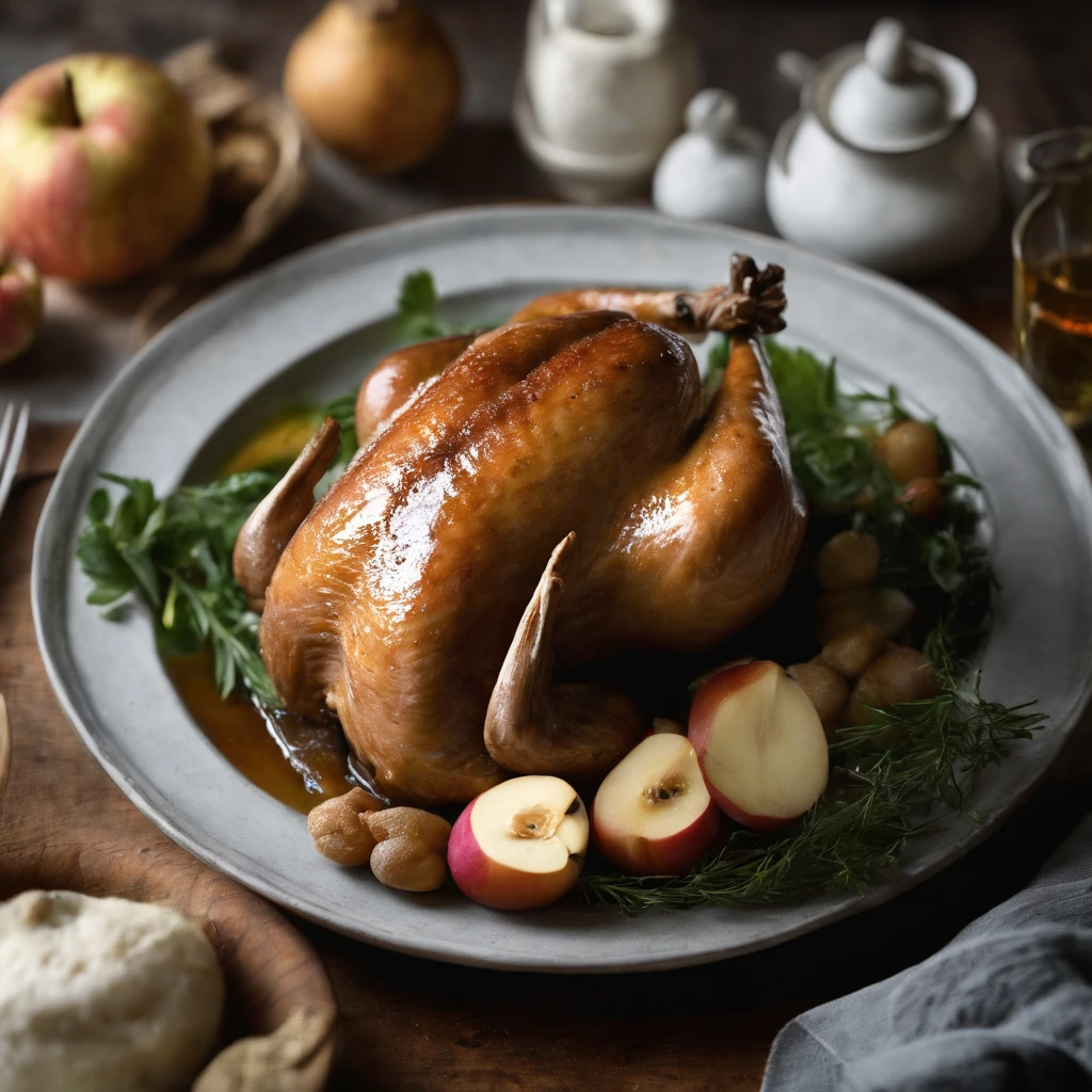 Ein Hintergrundfoto, which depicts a traditional roast martini goose in a country inn. Das Bild sollte eine einzelne darstellen, knusprig gebratene Gans, frisch aus dem Ofen geholt, Dargestellt auf elegantem Geschirr. A visible stream of steam should emanate from the roast goose. Zum Hauptgericht, as side dishes are apples, Dumpling, Rotkohl, und Kastanien. Die gesamte visuelle Komposition sollte den Stil eines Mittelformatfotos einfangen.