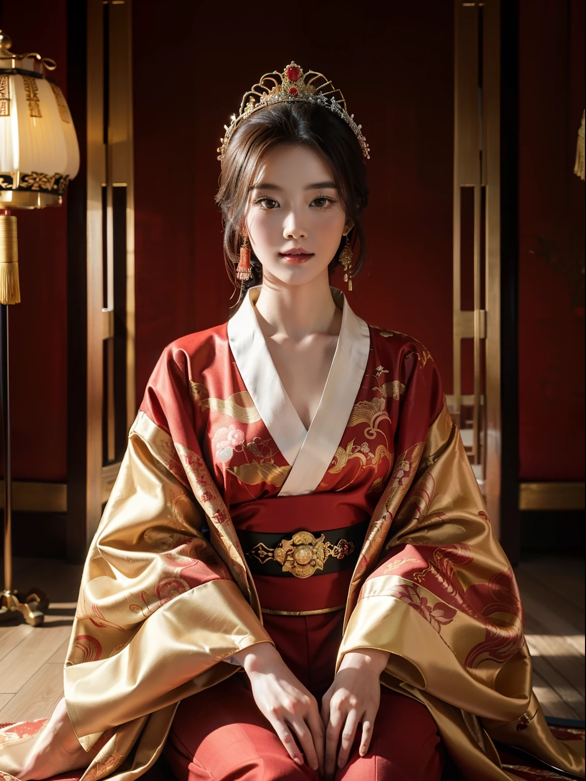 masterpiece, Highest quality,Large Breasts、Red kimono、Cinematic atmosphere、Professional composition、Natural Body、fantasy,(sitting in front of a golden screen)、flower arrangement、tatami、looking at the camera、real、nature