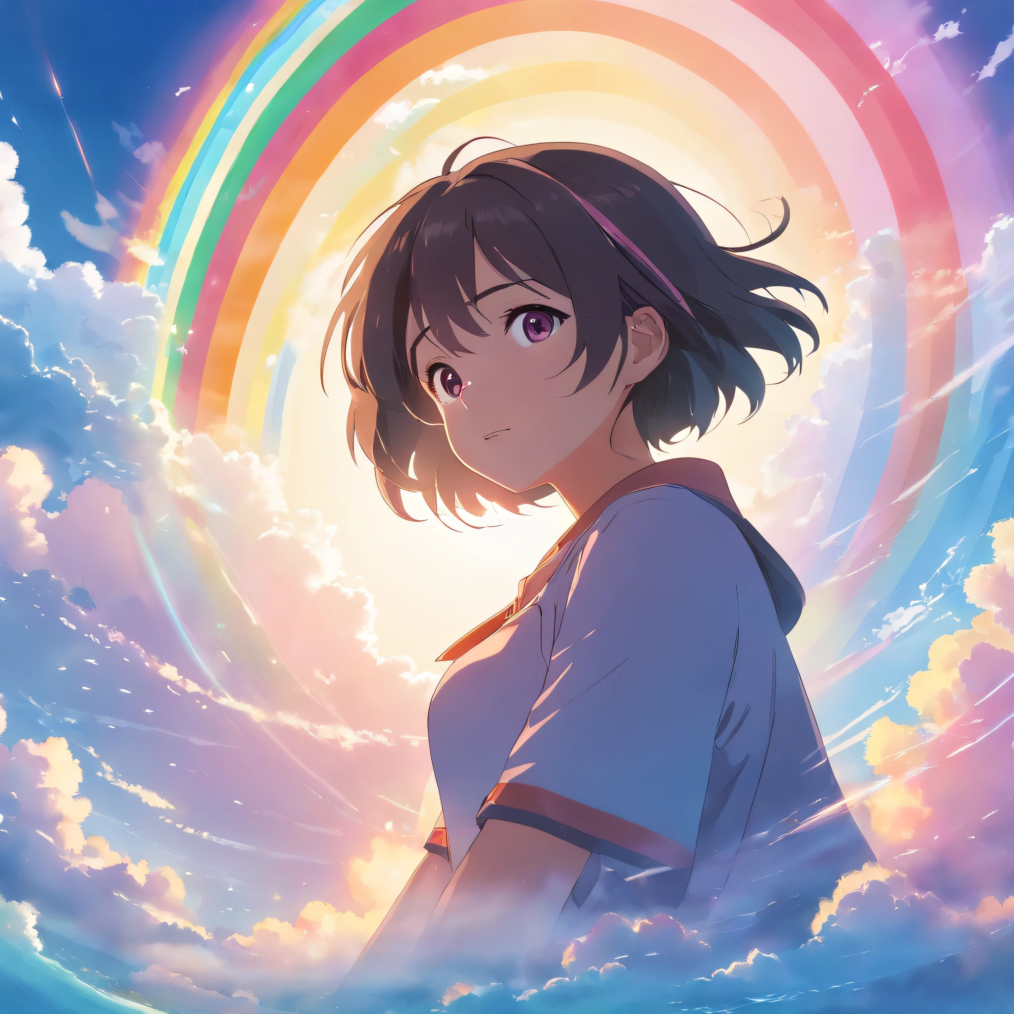 masterpiece, best quality, movie still, 1girl, cloud girl, floating in the sky, close-up, bright, happy, warm soft lighting, sunset, (sparks:0.7),, dynamic pose, cyber, black hair, harajuku charms, harajuku style, purple eyes, plaster on nose, (((rainbow))), huge boobs, adult, mature