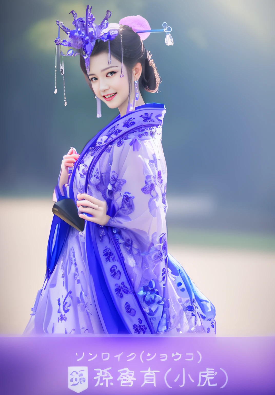 Close up portrait of smiling woman in blue and purple dress,a park