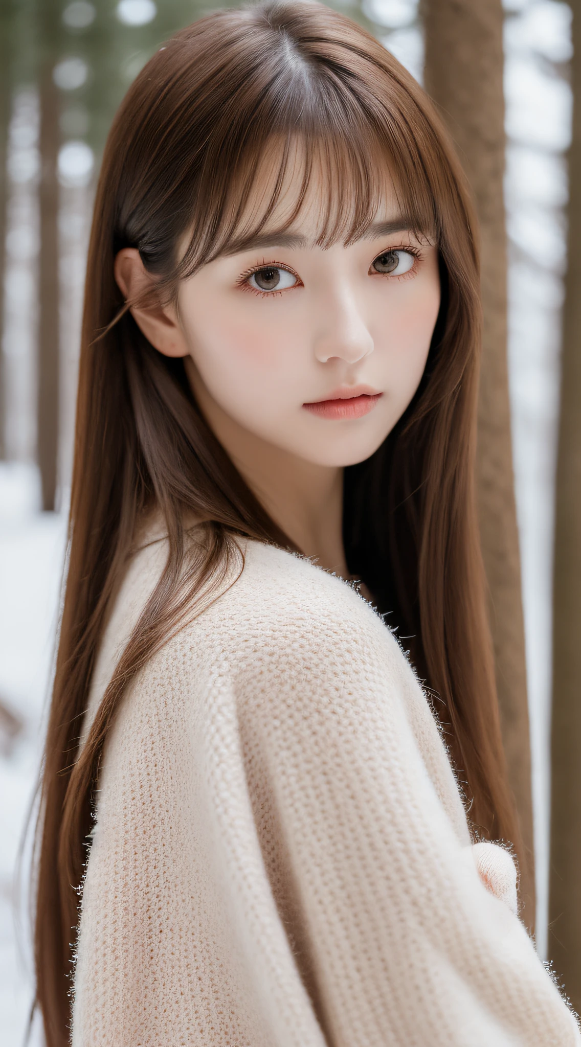 1womanl, up of face, mideum breasts, light brown hair, Blunt bangs, hair behind ear, hair over shoulder, Long hair, slender body shape, Ultra Fine Face, Thin face, Delicate lips, Beautiful eyes, thin blush, eyes are light brown, perfect glossy skin, flawless skin,View here, Ultra-thin hands, Ultra-fine fingers, best ratio four finger and one thumb, (realisitic:1.3), Finger Extensions, White cloak coat. scarf,Knitted gloves、Coniferous forest with heavy snowfall, One-person viewpoint, Fuji Film, F/1.2, 8K, masutepiece, nffsw, Super Detail, High quality, Best Quality, hight resolution,