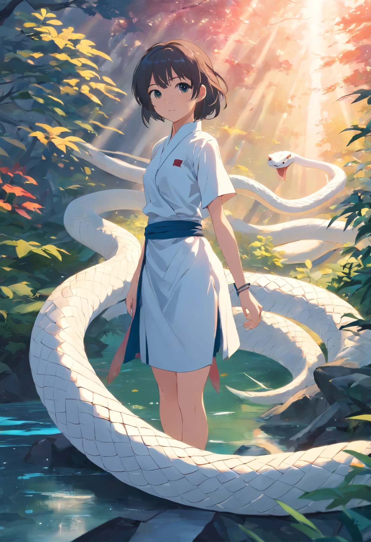 A large white snake slipped off,Mystical aura, surreal atmosphere,(Chinese Folk Suspense, terrorism, Supernatural cartoon style), hyper quality,hyper HD,4K
