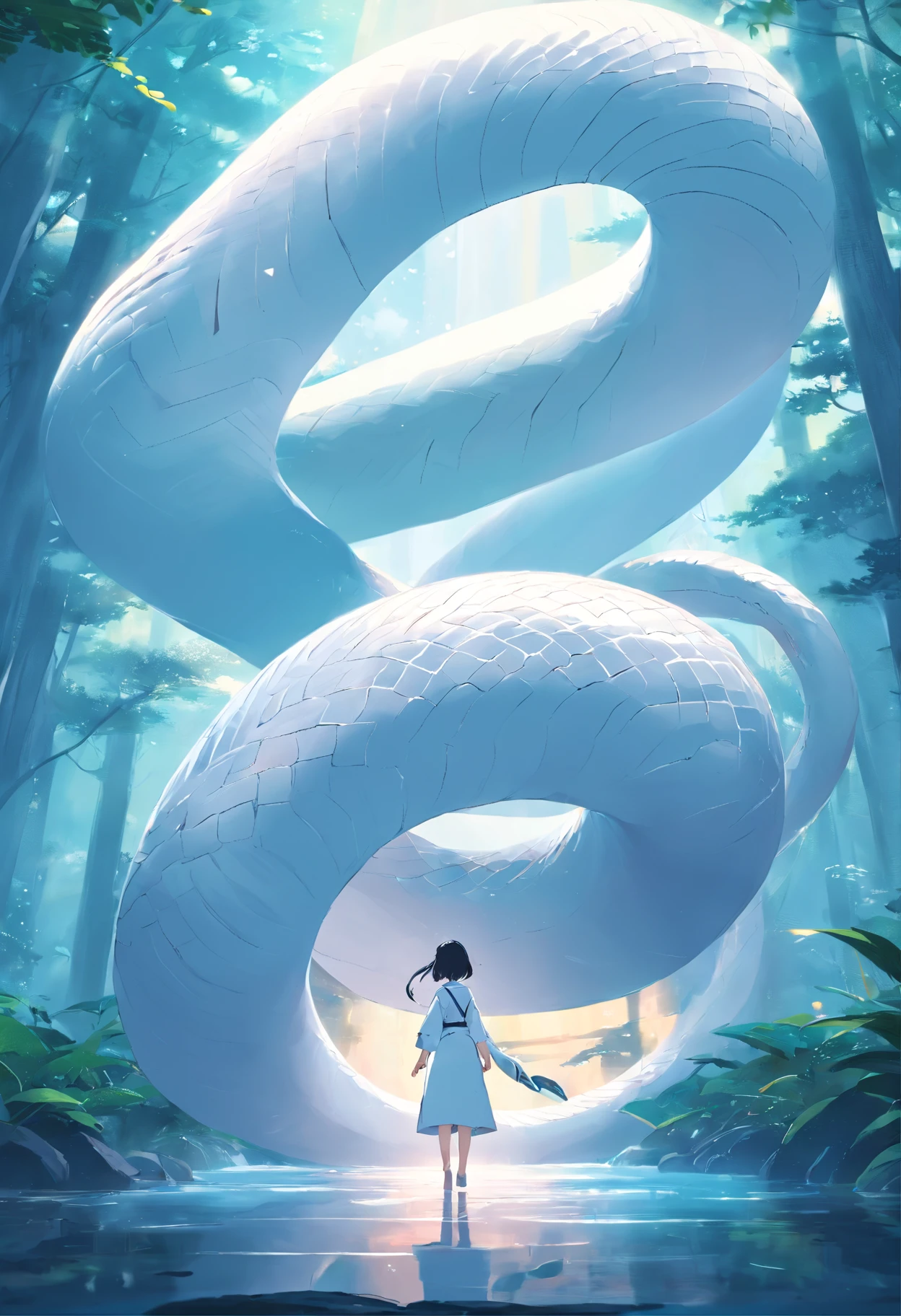 A large white snake slipped off,Mystical aura, surreal atmosphere,(Chinese Folk Suspense, terrorism, Supernatural cartoon style), hyper quality,hyper HD,4K