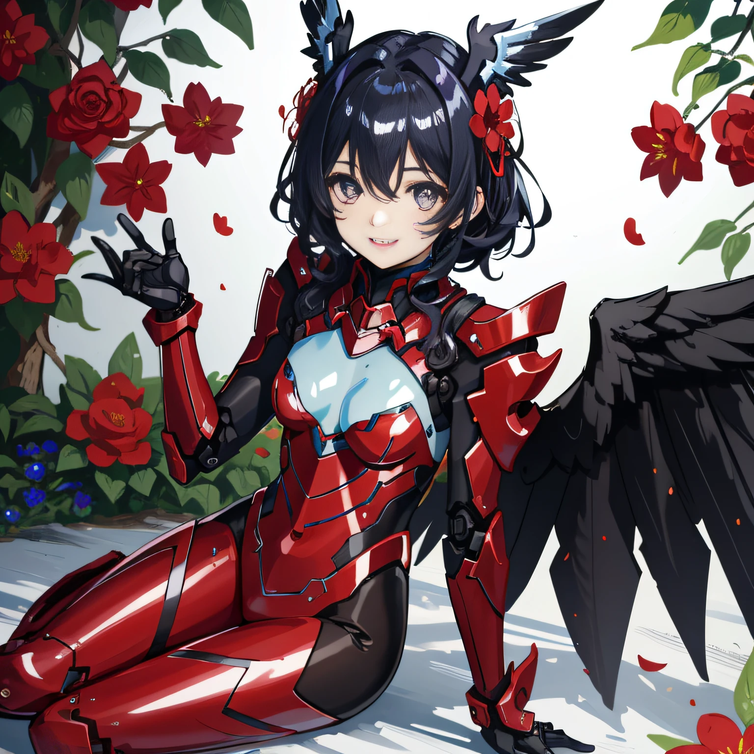 (​master piece, Best Quality), Intricate details, (((Laugh))), valkyrie, (((kawaii))), Cheerful smile, Looking at Viewer, Deep Red Feather Headgear, Night, (((Red flower garden))), Hand up, Sitting, 15yo student, close up of face, light Particle, 

1girl in, Solo, Realistic, ultra-detailliert, (Shiny skin:1.4), Absurd, slender, Dynamic lighting, High resolution, Sharp Focus, depth of fields, Detailed eyes, Sharp pupils, Realistic pupils, (((flat breast))), (thick thighs:1.0), 

Portrait, swept bangs, short hair with black curly hair, Sapphire drooping eyes, crimson thighs, Deep Red Detached Single Sleeve, Robot joints, Crimson Grove, Crimson bodysuit, Crimson reinforced suit, Wings of Raven, pantyhose, Crimson Full Armor, flower decoration,