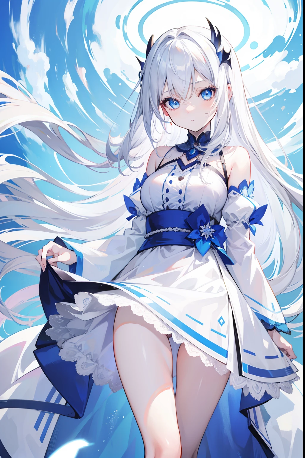 Anime girl, fair skin, with long white hair, beautiful blue eyes, in a dress, looking at viewer, docile facial expression, bare legs, 8k, high resolution